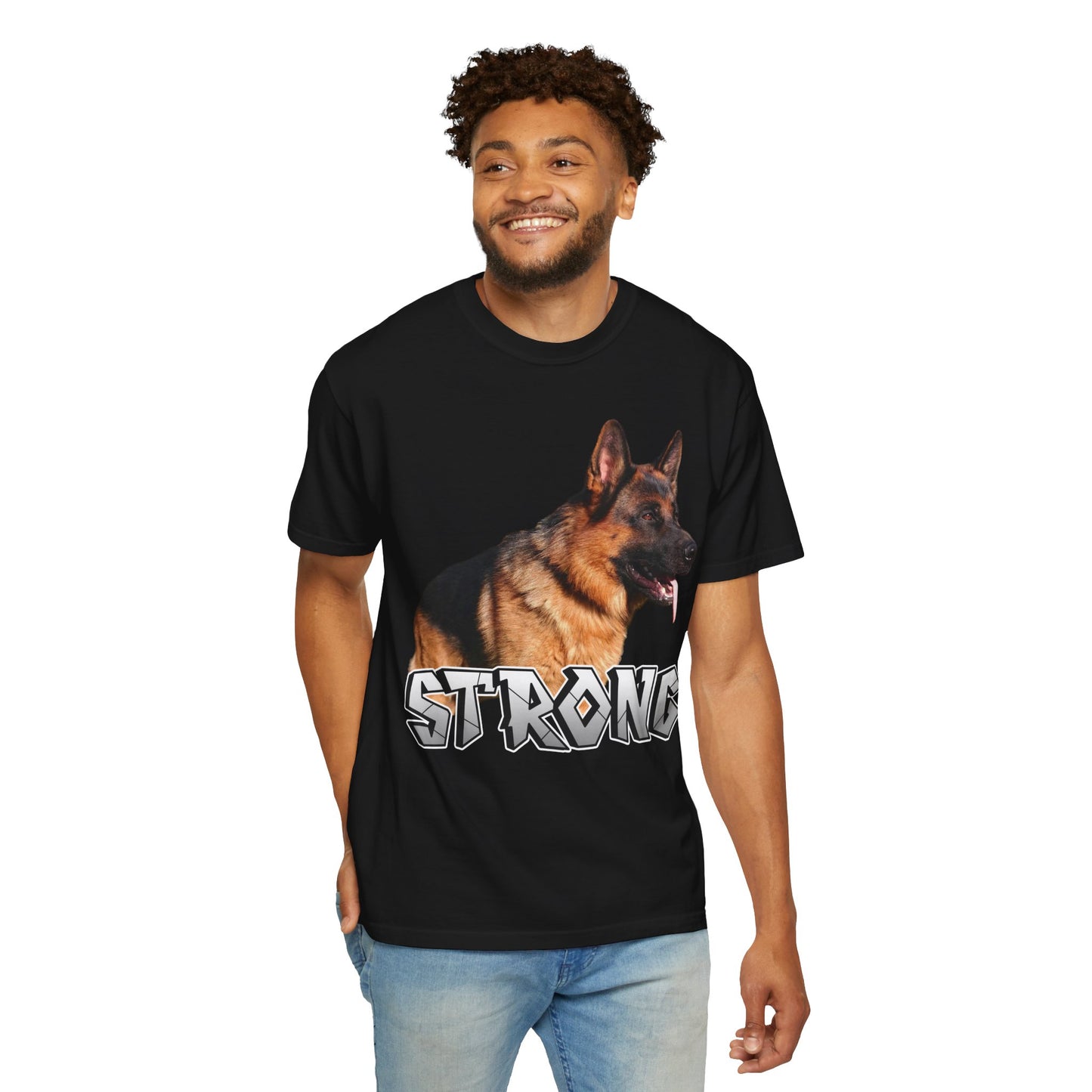 Unisex T-Shirt With German Shepherd Leaving Tongue Out Standing for a Pose and Text STRONG