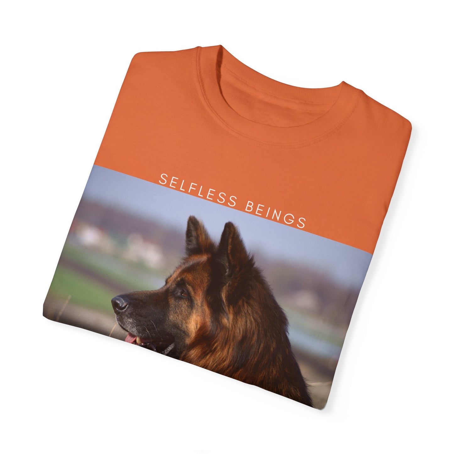 Unisex Dog Lover T-Shirt With Giant Long Coat German Shepherd Looking Straight and Caption Selfless Beings