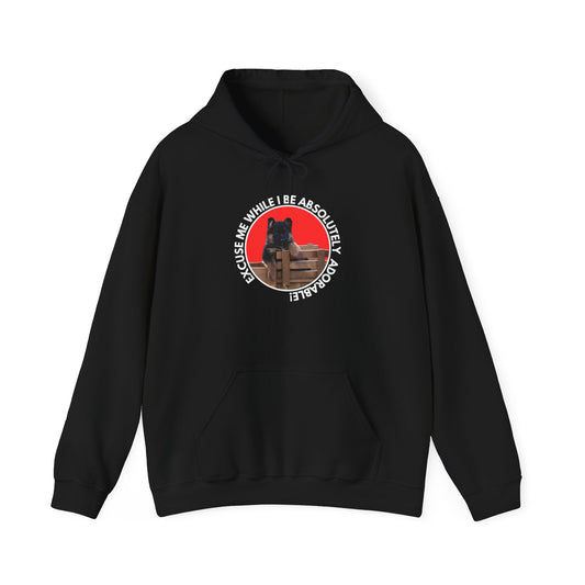 Unisex Dog Lover Hoodie With German Shepherd Puppy Sitting on the Toy Wooden Tractor and Caption Excuse Me While I Be Absolutely Adorable