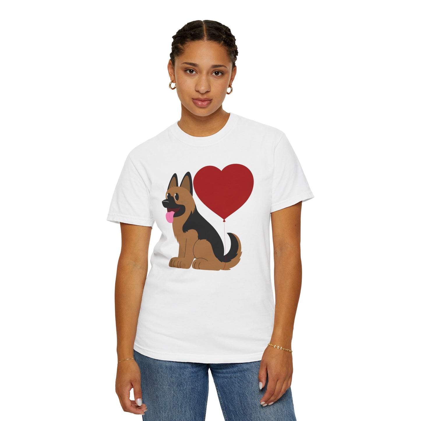 Unisex Dog Lover T-Shirt With a Graphic of German Shepherd Puppy and Heart Shaped Balloon Attached With Tail