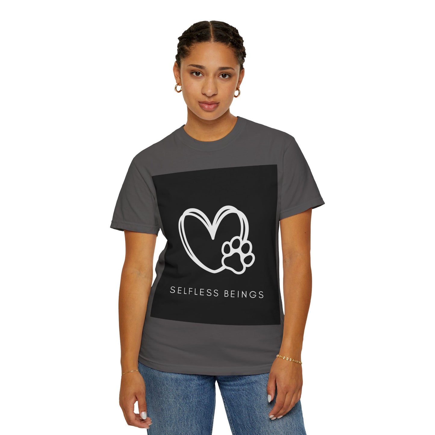 Unisex Dog Lover T-Shirt With White Heart and Dog's Paw Print on Right Side and Caption Selfless Beings