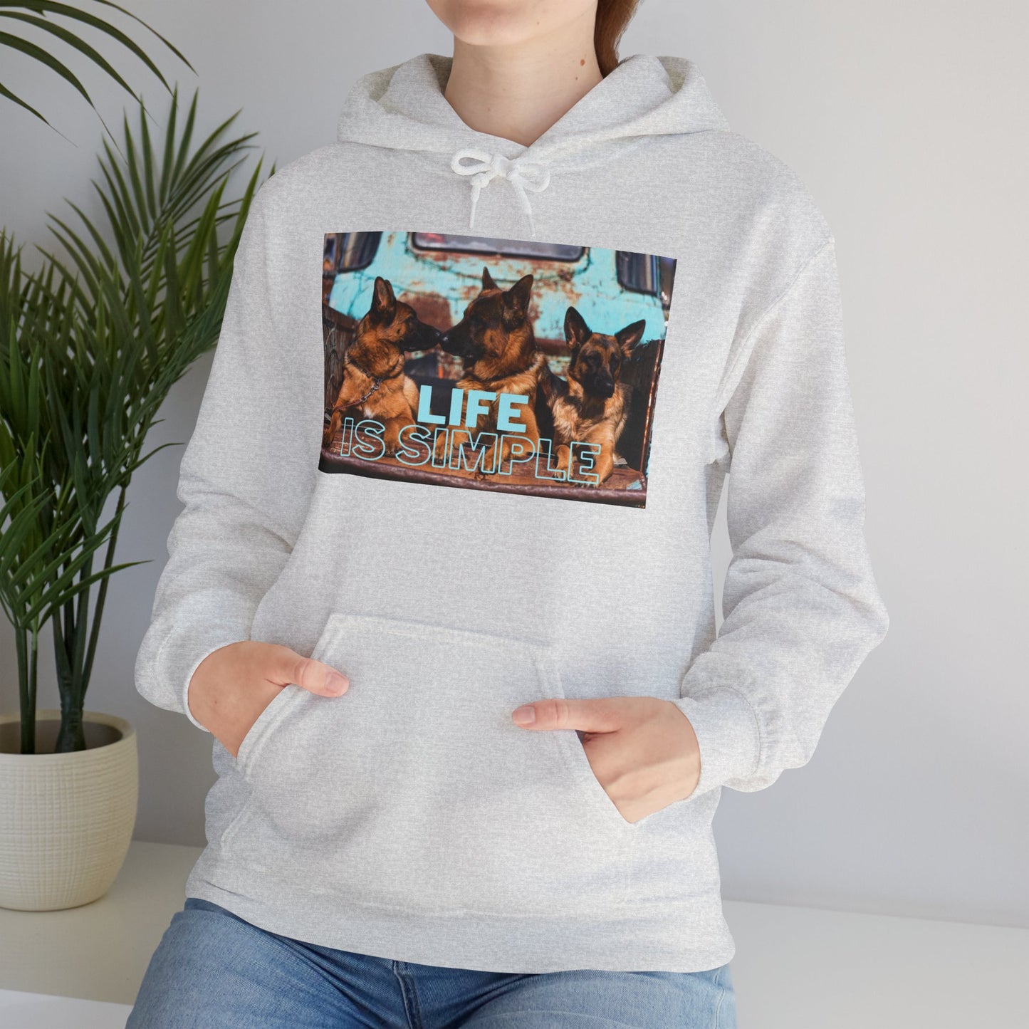 Unisex Dog Lover Hoodie With Three German Shepherds Sitting on the Truck's Cargo Bed and Caption Life is Simple