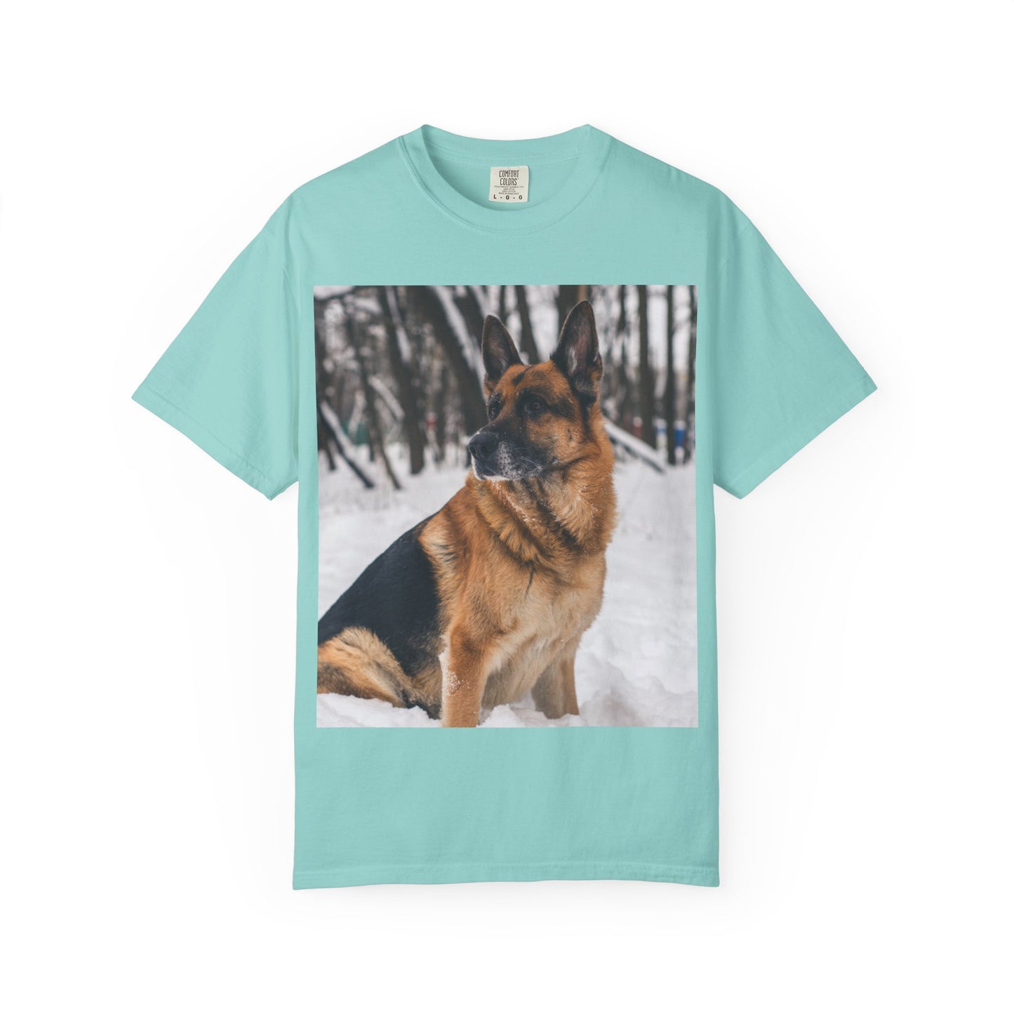 Unisex Dog Lovers T-Shirt Featuring a Beautiful German Shepherd Sloppily Sitting on the Snow