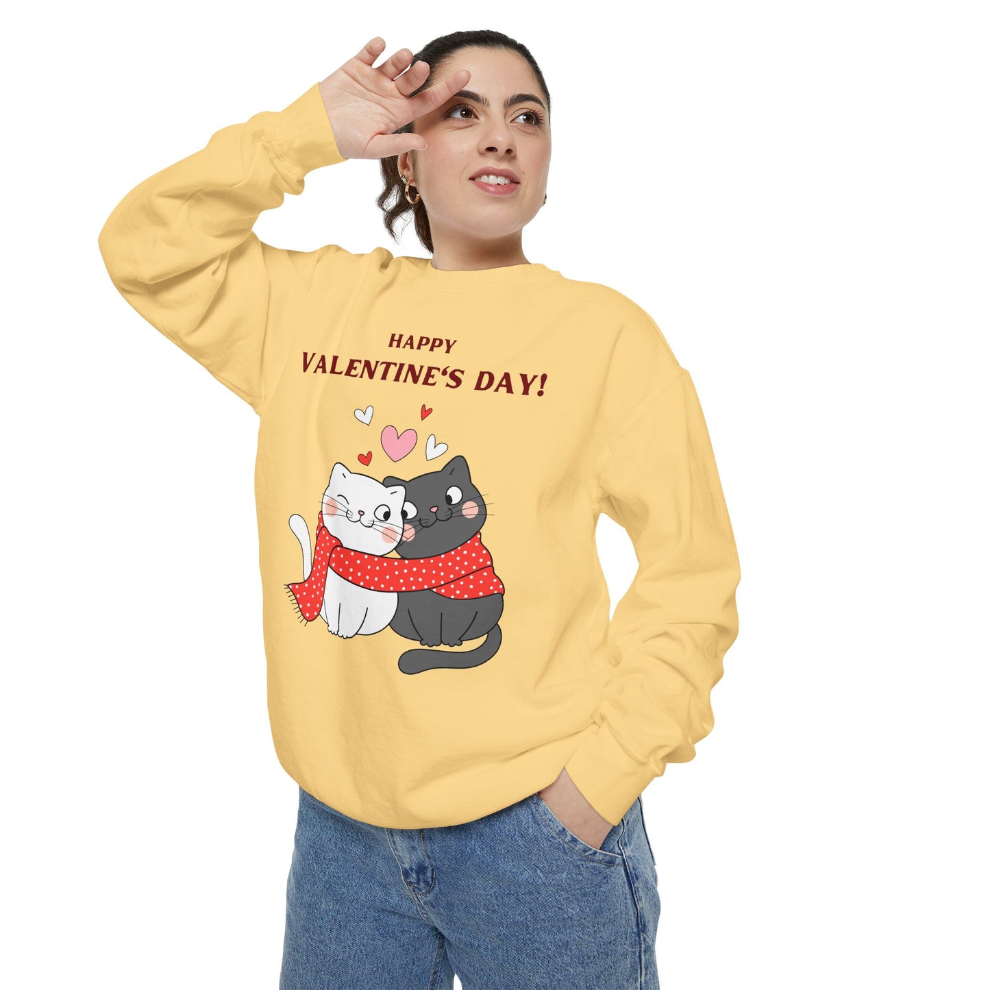 Unisex Valentine's Day Sweatshirt With Black and Grey Cat Couple and Caption Happy Valentine's Day
