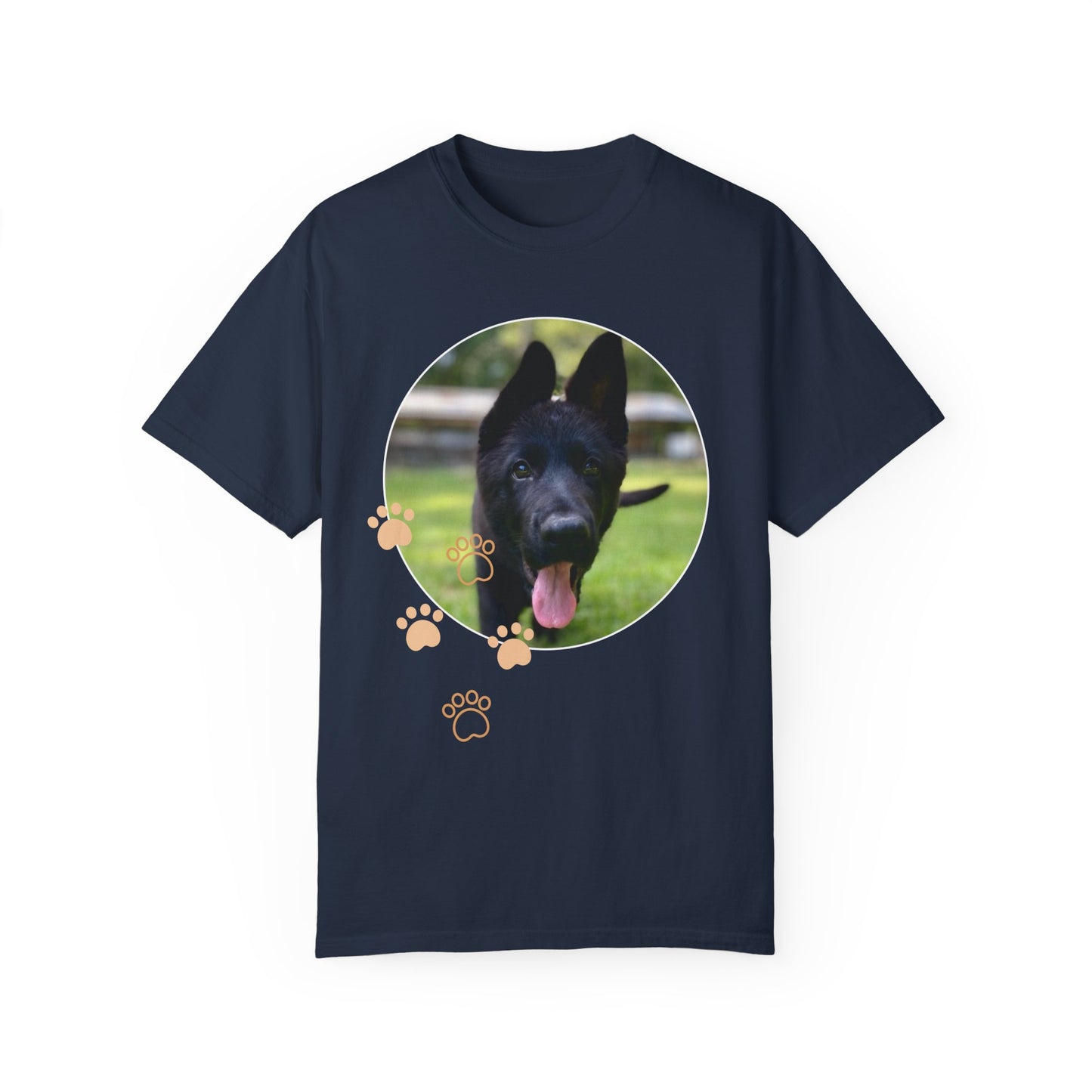Unisex Dog Lover T-Shirt With Black German Shepherd Puppy Walking on Grass Leaving Tongue Out and Paw Icons