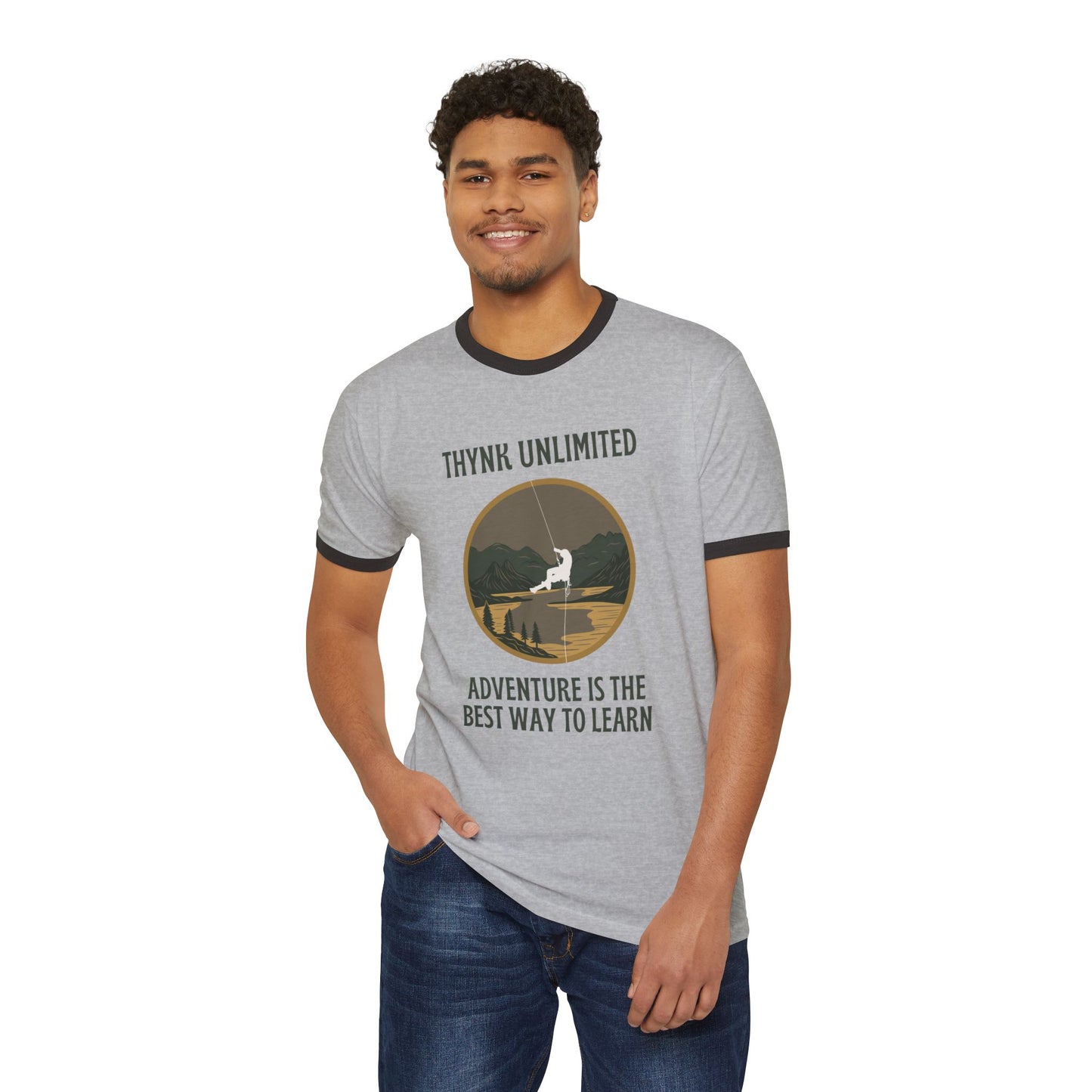 Unisex Adventure Ringer T-Shirt - Think Unlimited Casual Wear, Gift for Travelers, Nature Lovers, Unique Graphic Tee