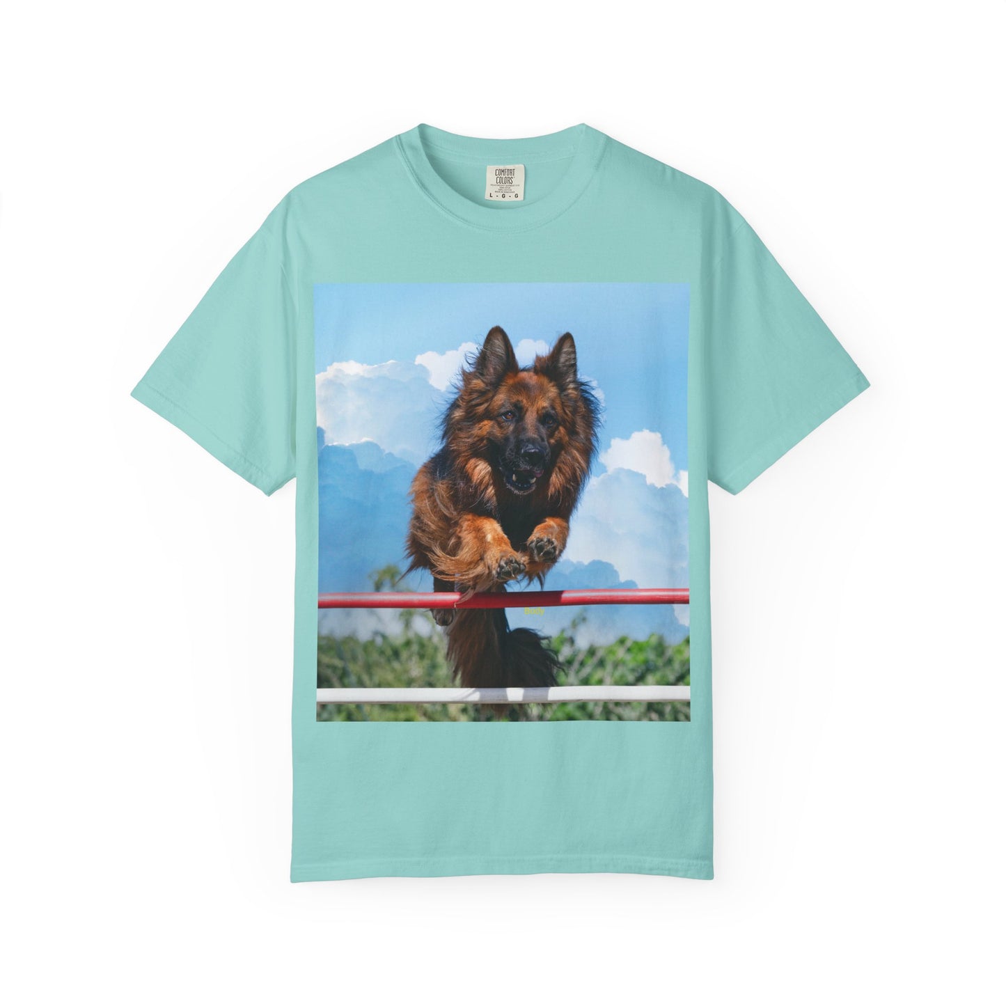 Unisex Dog Lovers T-Shirt Featuring a German Shepherd Jumping An Agility Fence