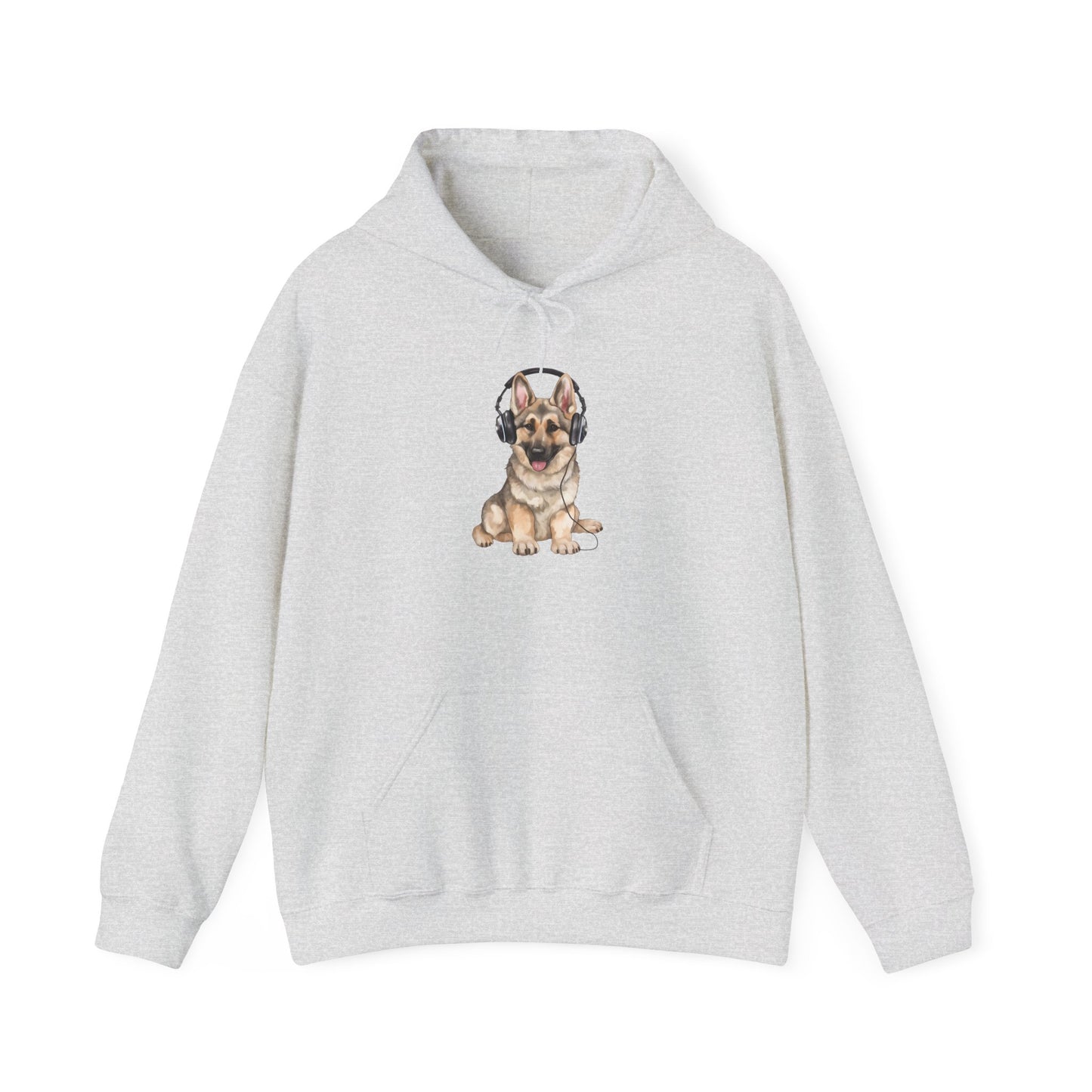 Unisex Dog Lover Hoodie With a German Shepherd Wearing Headphones Enjoying Music
