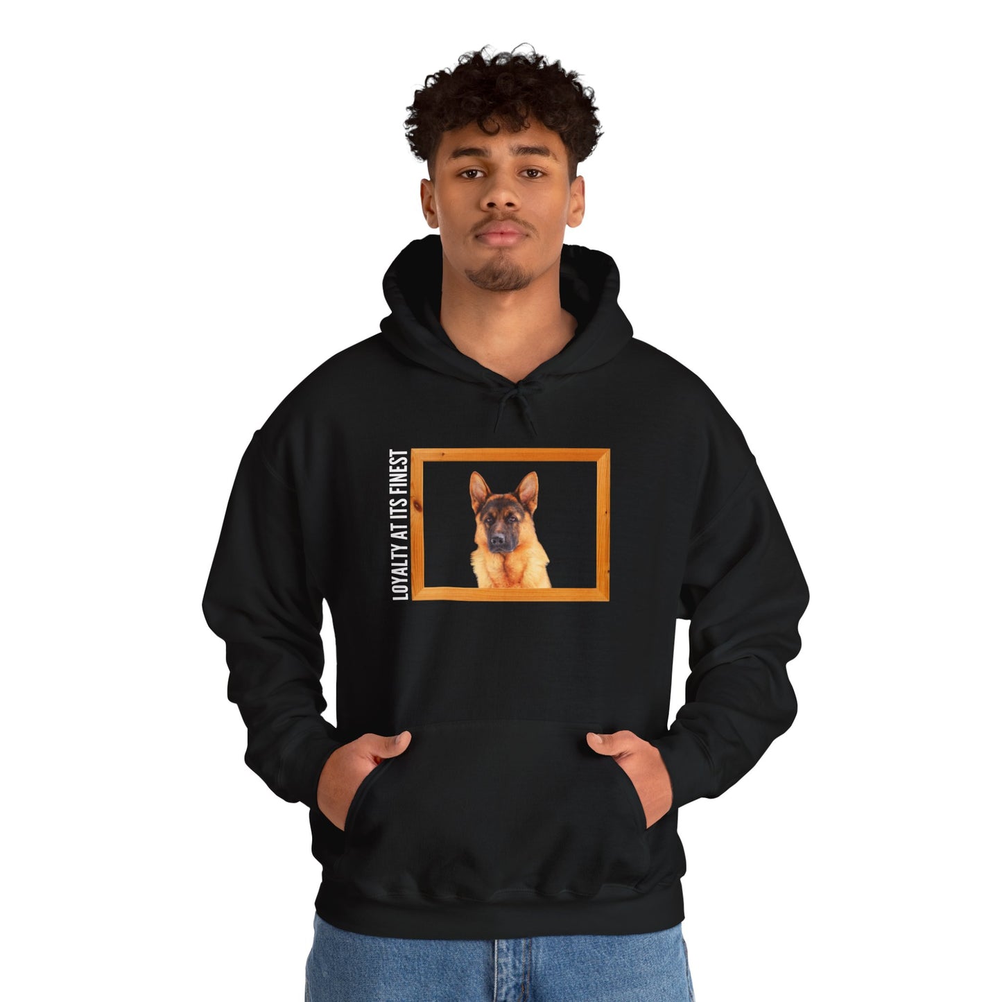Unisex Dog Lover Hoodie With a German Shepherd's Head Inside a Wooden Frame and Caption Loyalty at its Finest