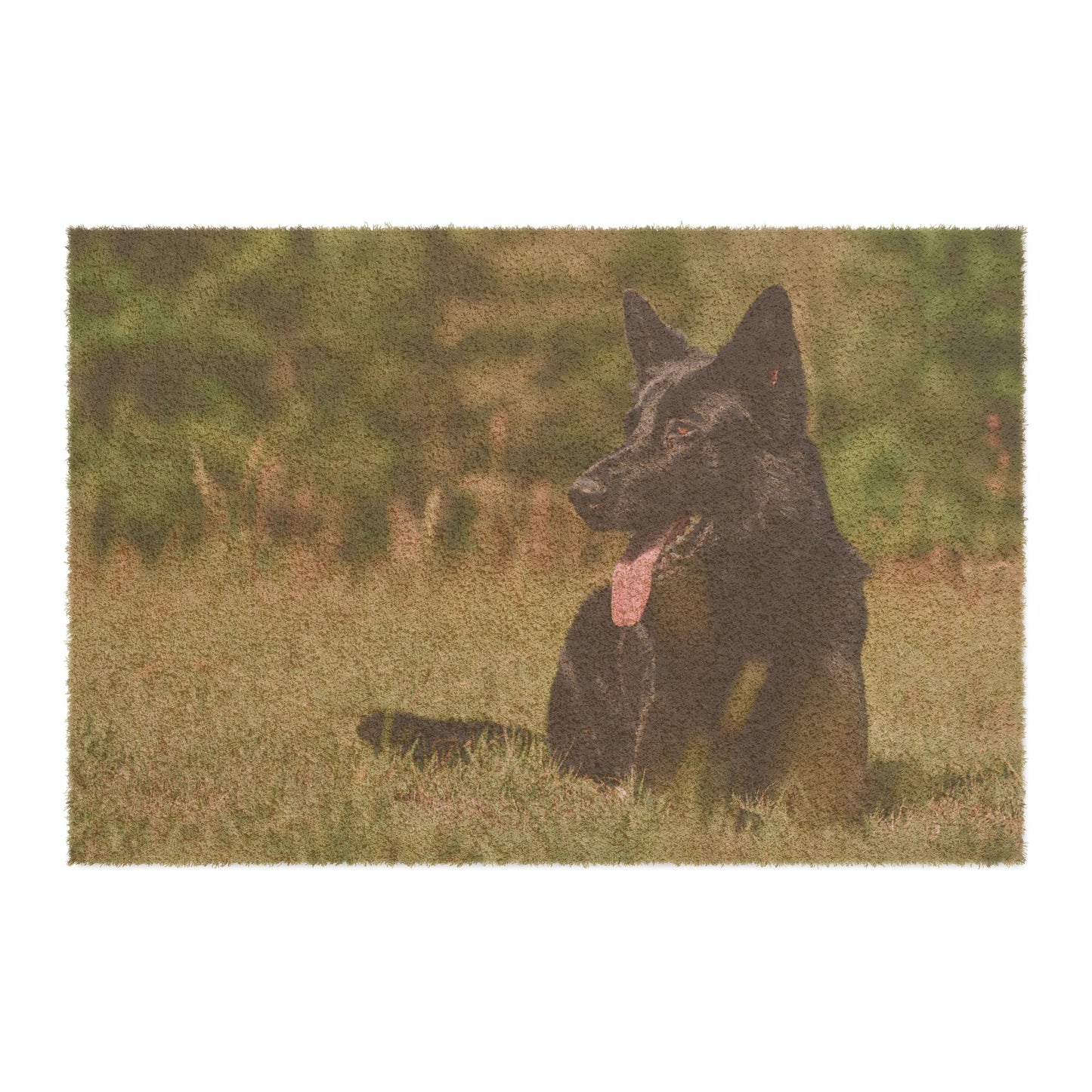 Dog Lovers Doormat Featuring a Solid Black German Shepherd Resting on the Grass With a Hanging Tongue