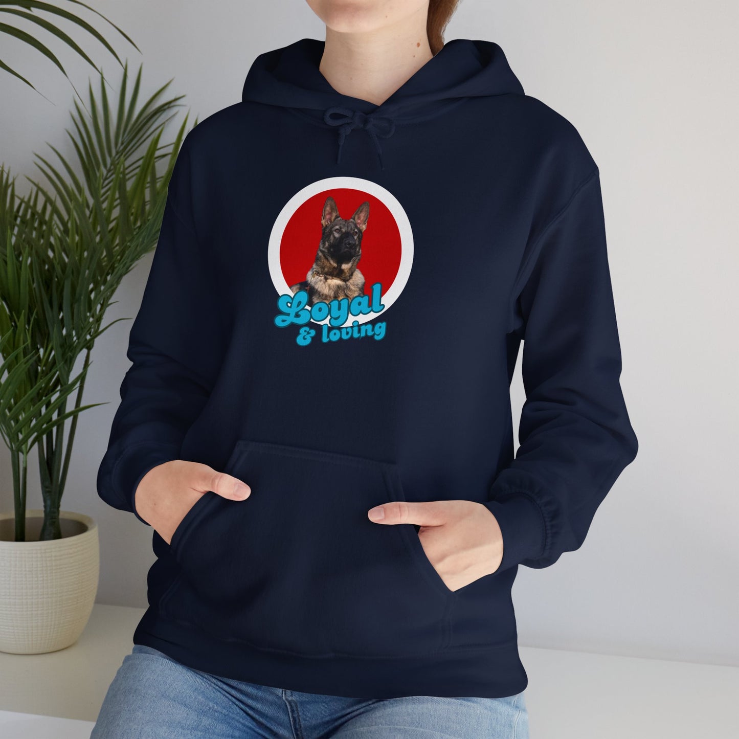 Unisex Dog Lover Hoodie With Close Up of Working Line German Shepherd and Caption Loyal & Loving