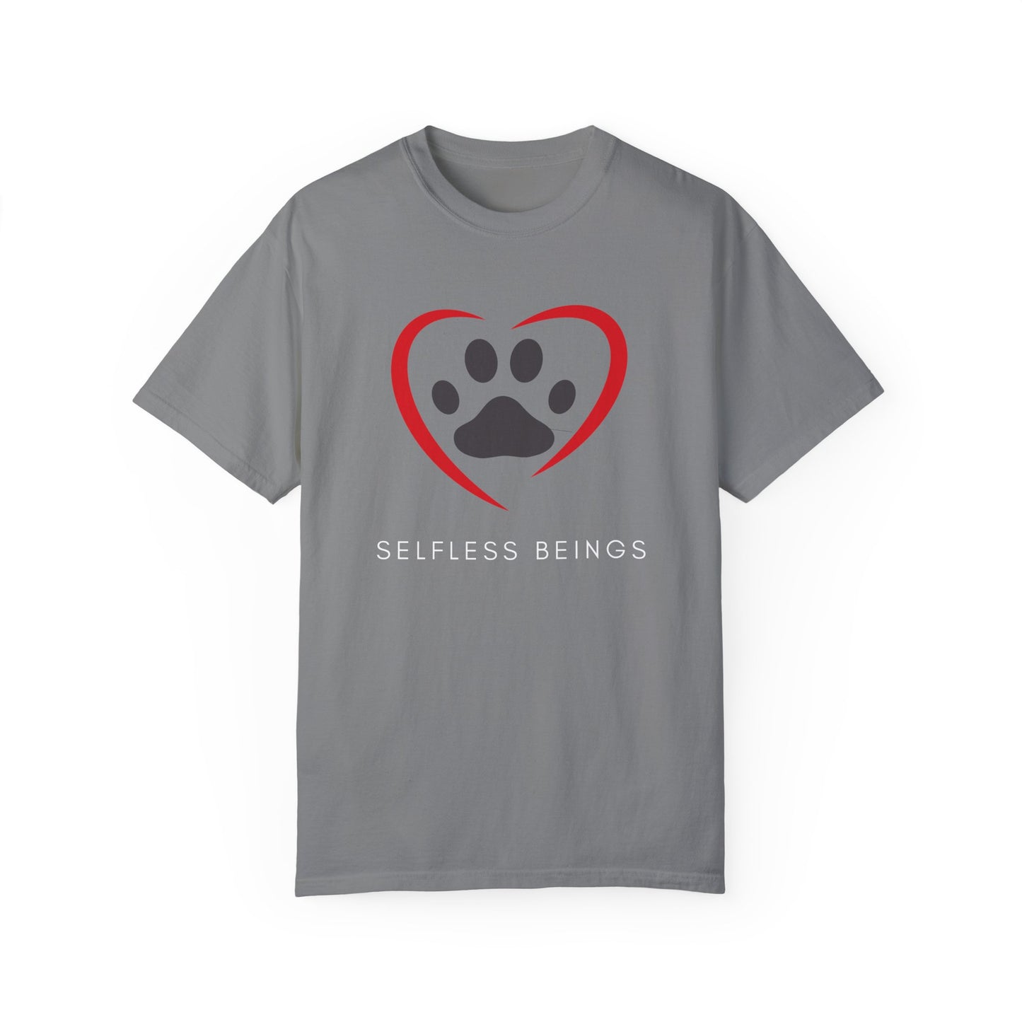 Unisex Dog Lover T-Shirt With Graphic of Curvy Heart Boundaries Contain Dog Paw Print and Caption Selfless Beings Below