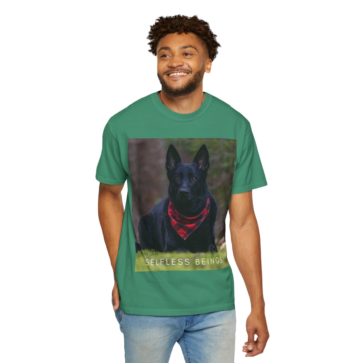 Unisex Dog Lover T-Shirt With a Solid Black German Shepherd Wearing a Red Romal Sitting and Caption Selfless Beings