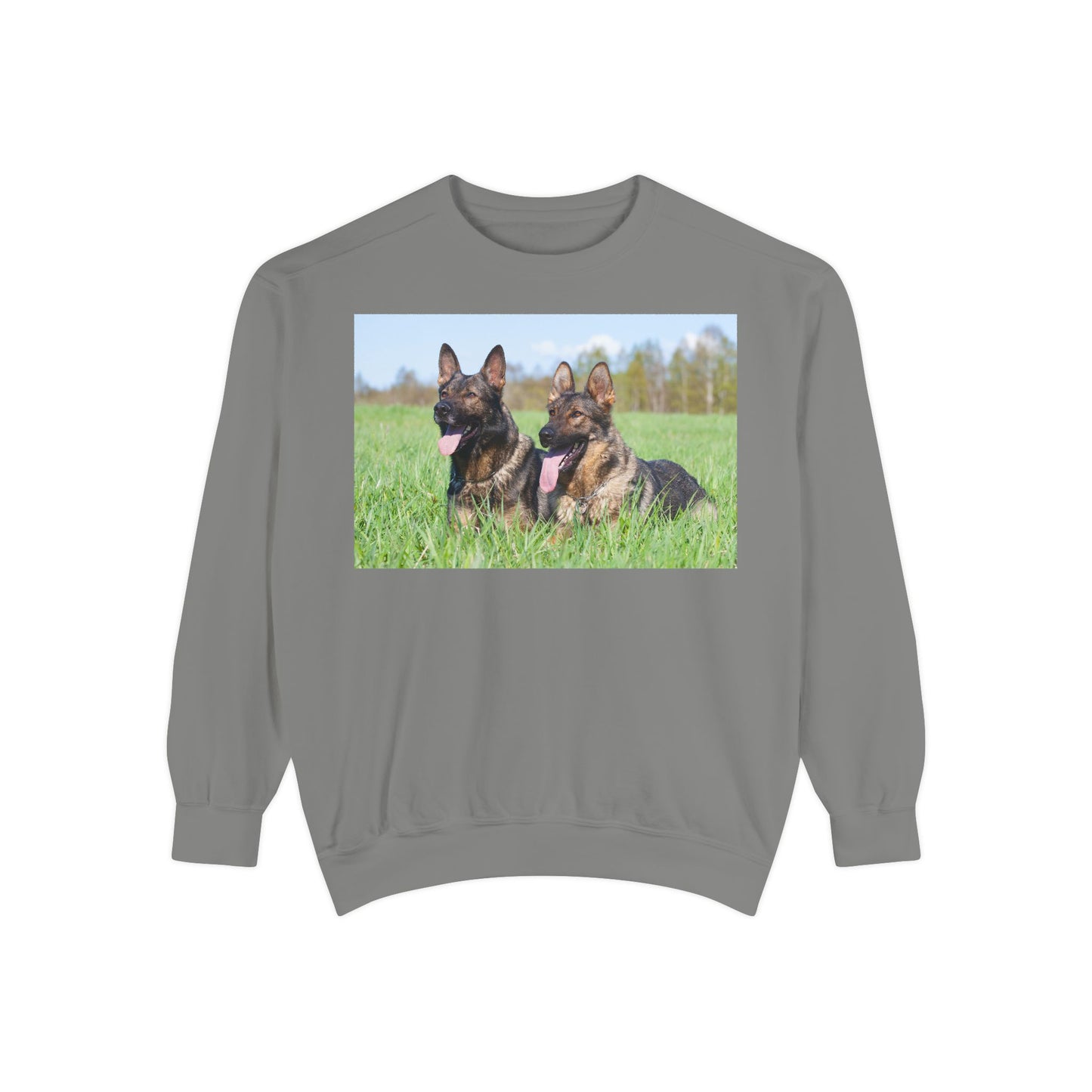 Unisex Dog Lover Sweatshirt With Two Giant German Shepherds Lying on the Grass With Tongues Out