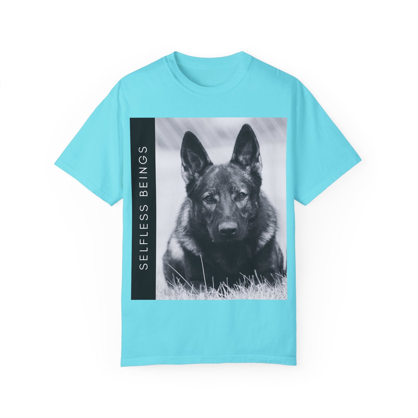 Unisex Dog Lover T-Shirt With a Working Line German Shepherd Resting on the Grass and Caption Selfless Beings