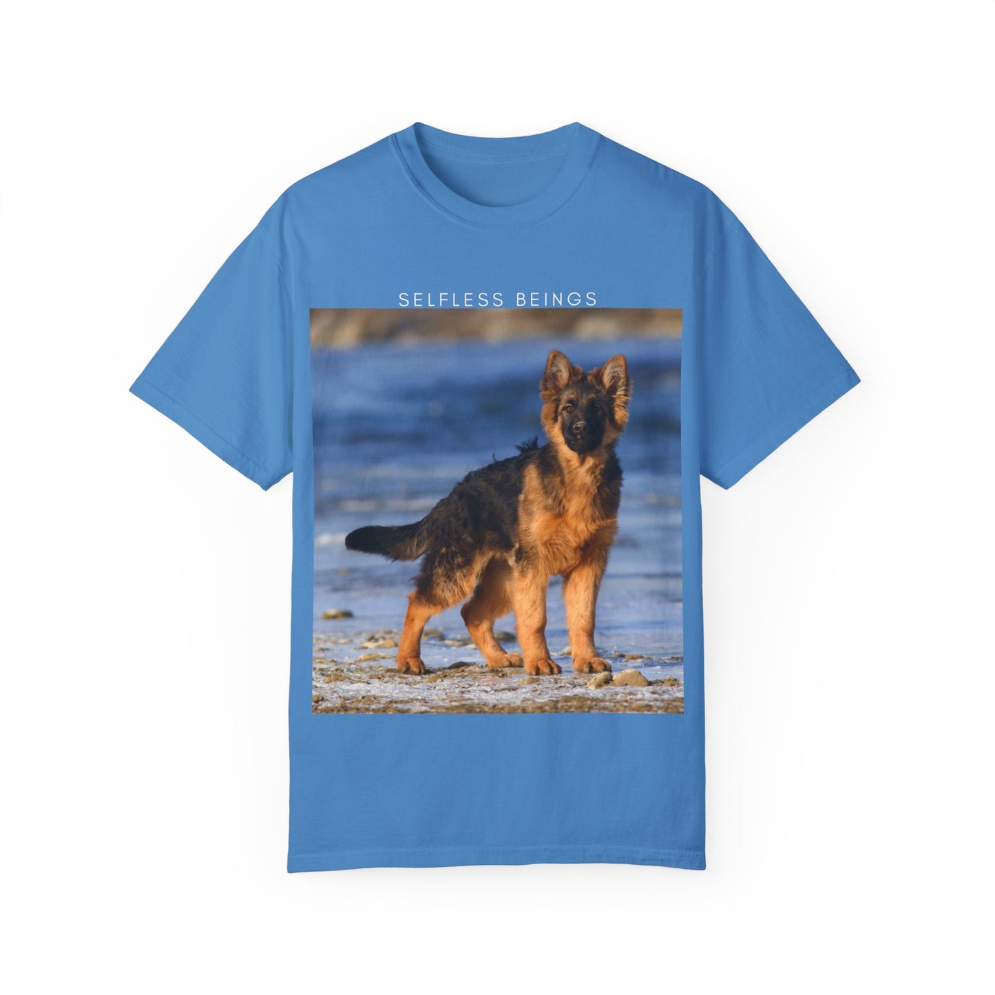 Unisex Dog Lover T-Shirt With German Shepherd Puppy Standing at the Sea Shore and Caption Selfless Beings