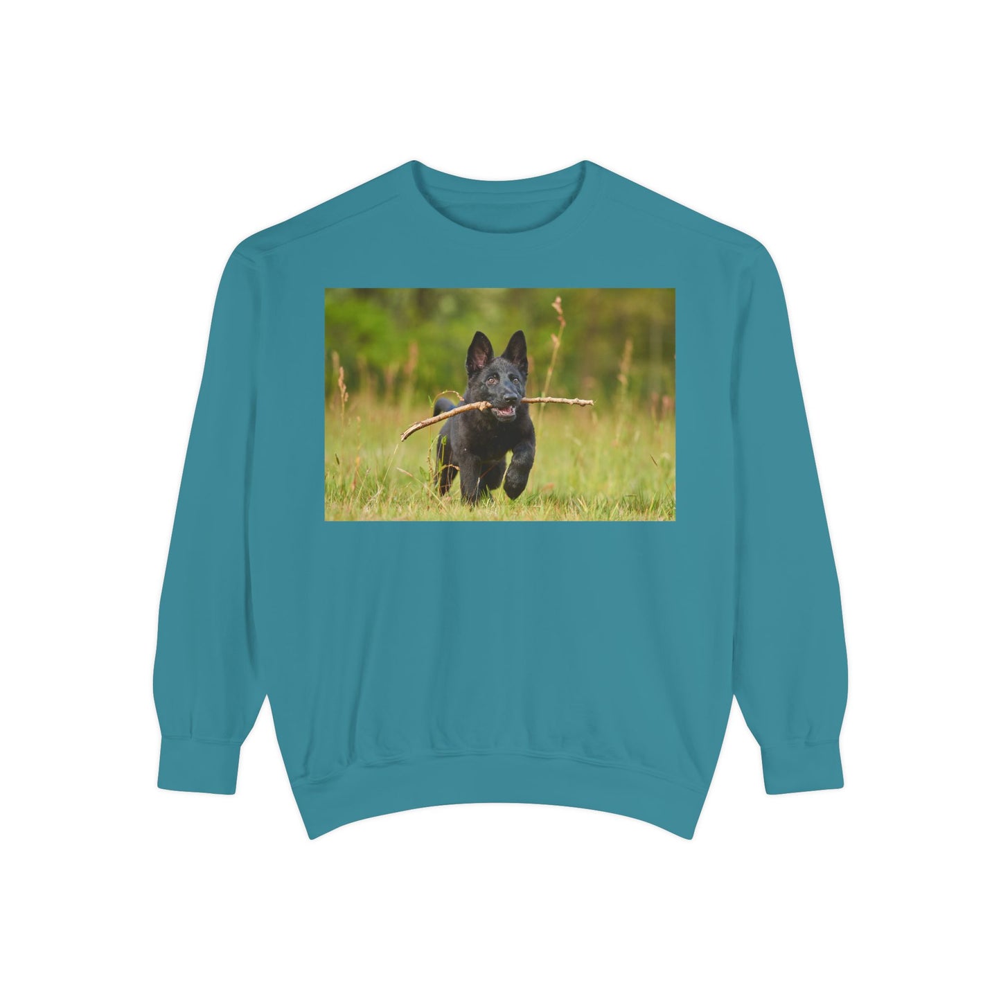 Unisex Dog Lover Sweatshirt With Black German Shepherd Puppy Running on the Grass Holding a Stick in the Mouth