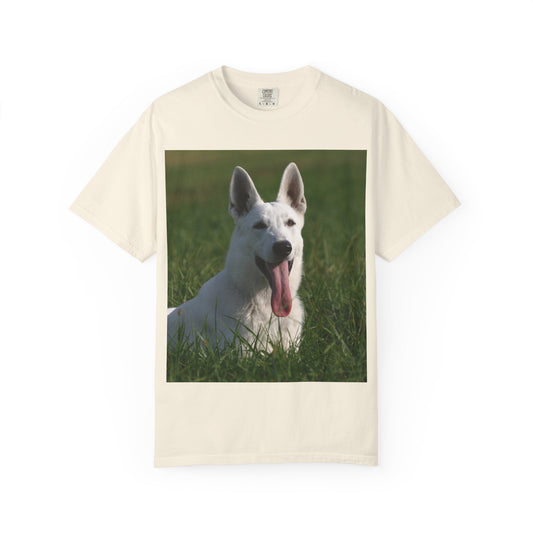Unisex Dog Lover T-Shirt Featuring White German Shepherd Resting On Green Grass Leaving Tongue Out