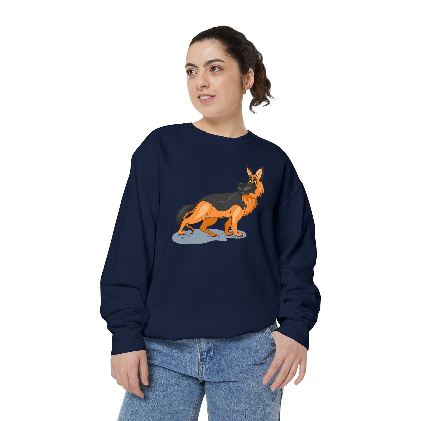 Unisex Dog Lover Sweatshirt With a Cartoon of Astonished German Shepherd Turning His Head