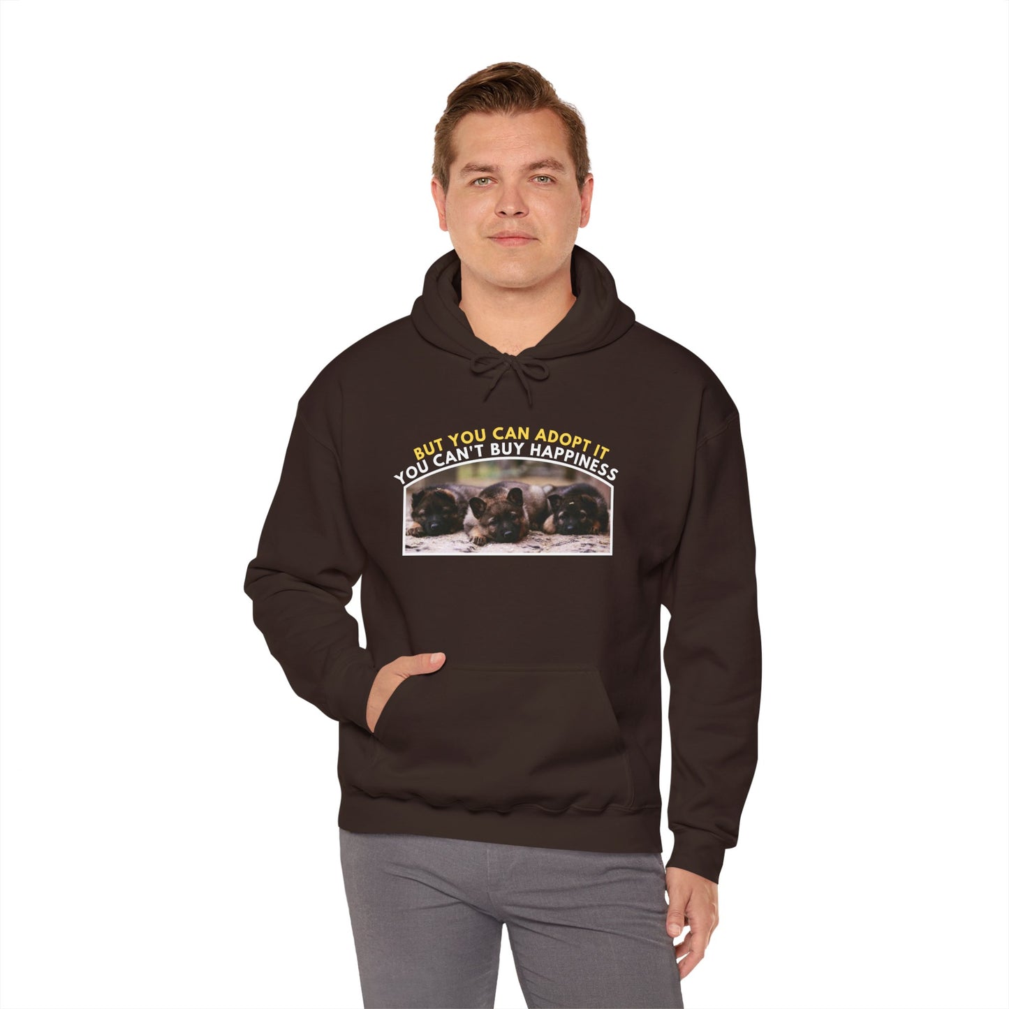 Unisex Dog Lover Hoodie With Three Cute German Shepherd Puppies Sitting in a Row and Caption You Can't Buy Happiness But You Can Adopt It