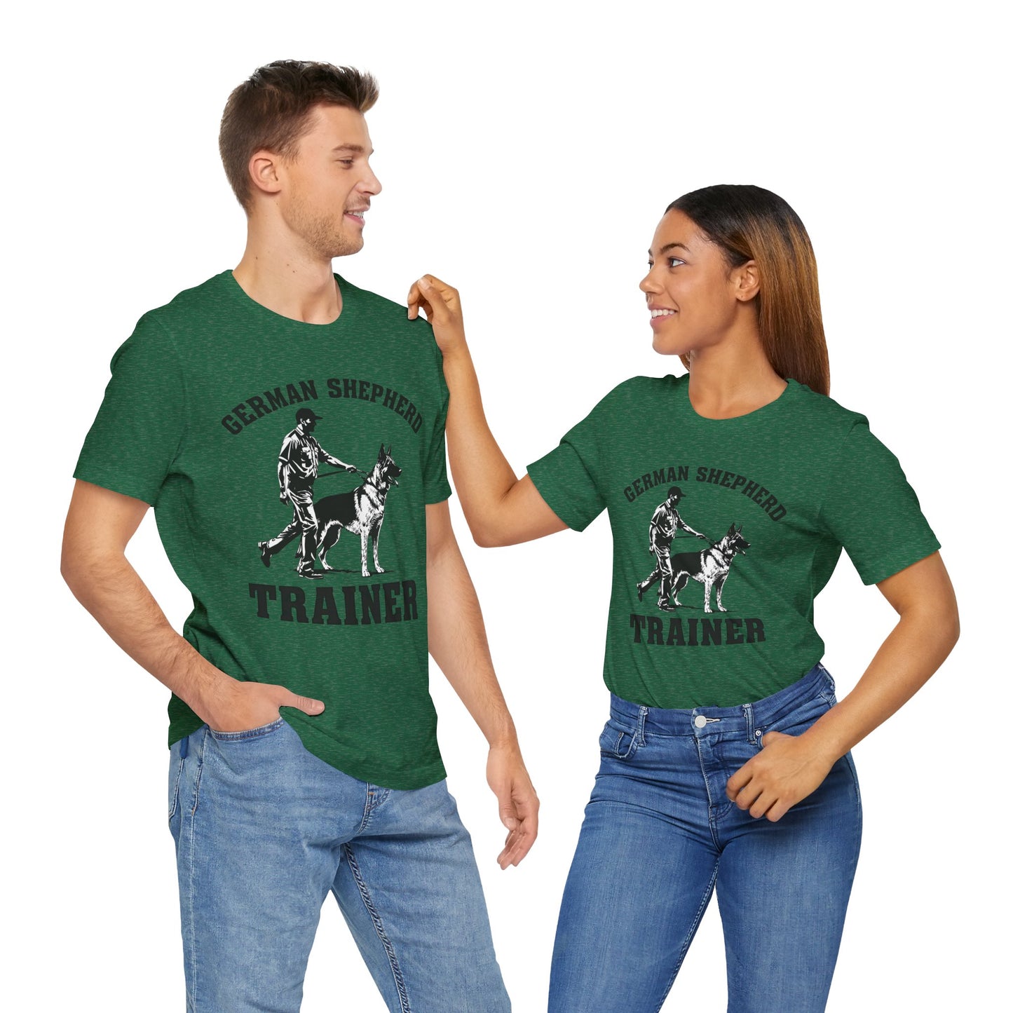 German Shepherd Trainer Tee - Black and White Design of Man Holding a German Shepherd