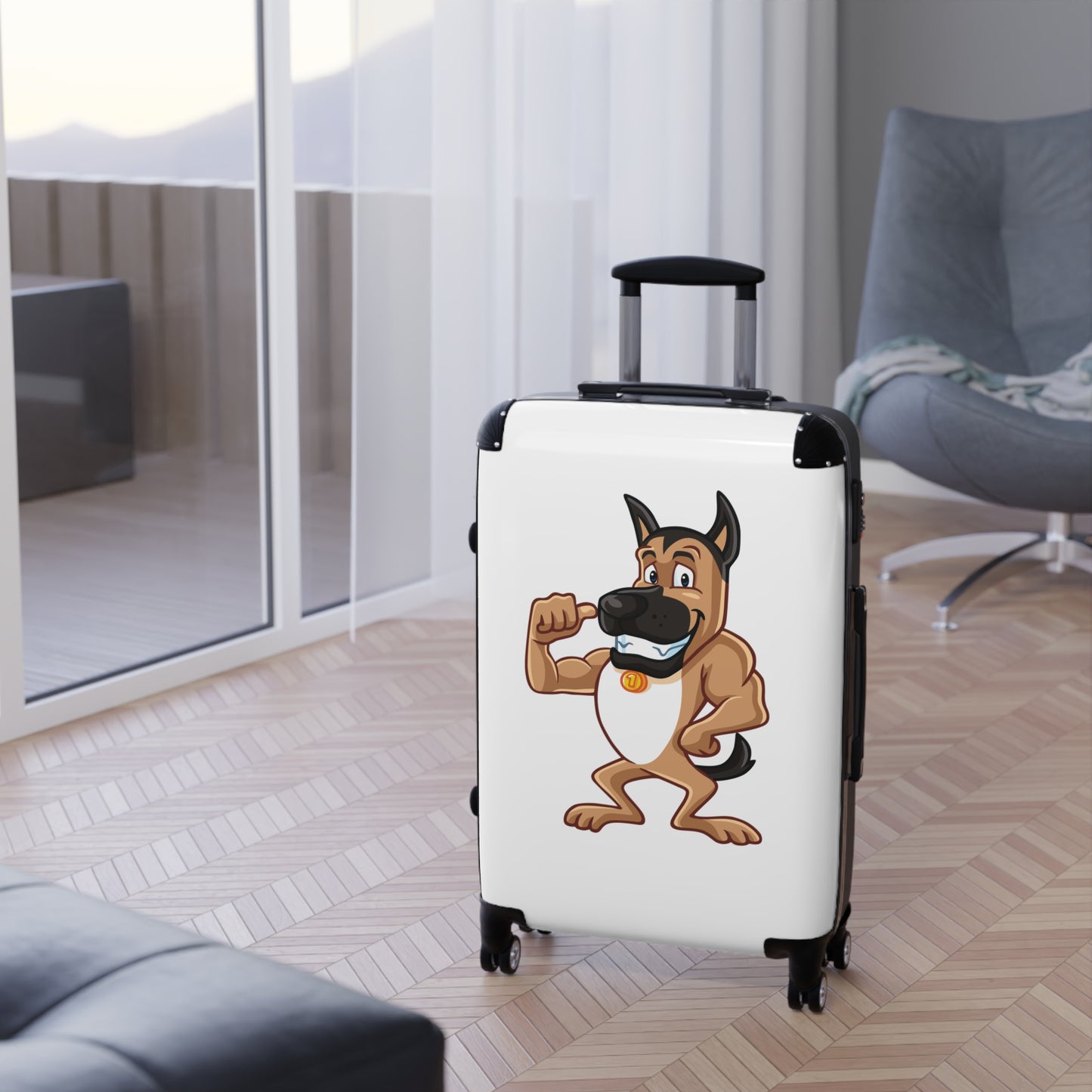 Dog Lover Suitcase Featuring a Funny Cartoon of Muscular German Shepherd Standing on Two Legs