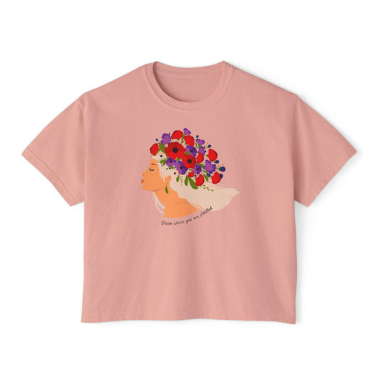 Women's Floral Boxy Tee - Bloom Where You're Planted, Casual T-Shirt, Spring Fashion, Gift for Her, Boho Style, Flower Graphic Tee