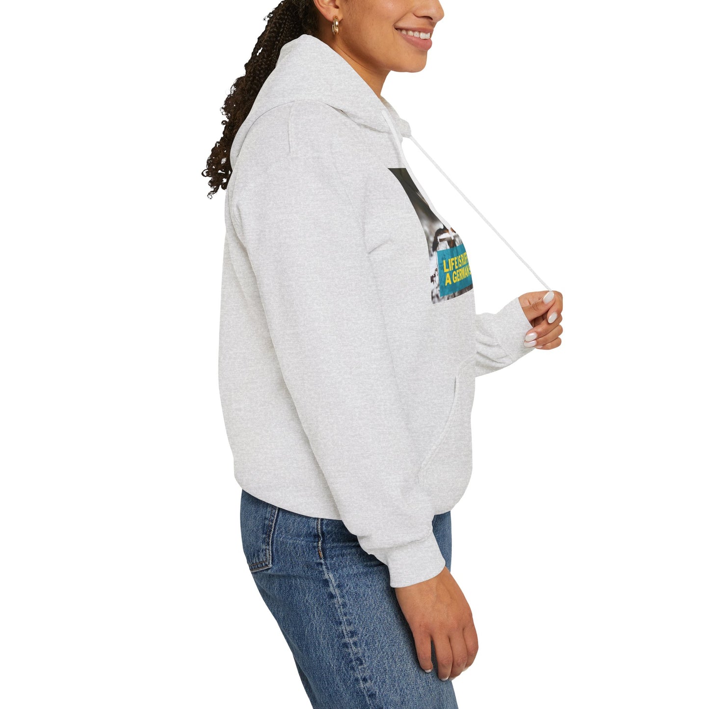 Unisex Dog Lover Hoodie With a German Shepherd Resting On Outdoor Bed In The Snow and Caption Life is Ruff Without GSD