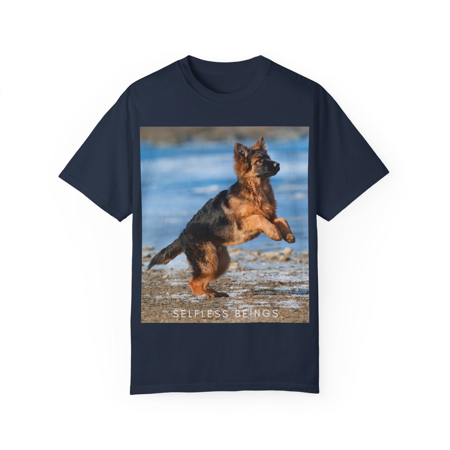 Unisex Dog Lover T-Shirt With Gorgeous German Shepherd Puppy Standing on Back Legs at Seashore and Caption Selfless Beings