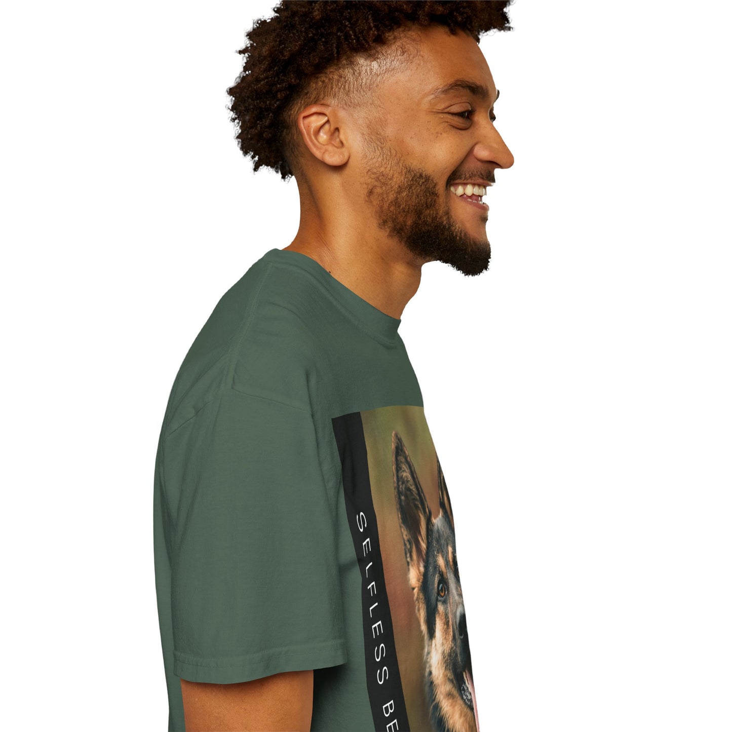 Unisex Dog Lover T-Shirt With Close Up of German Shepherd Leaving His Tongue Out and Caption Selfless Beings