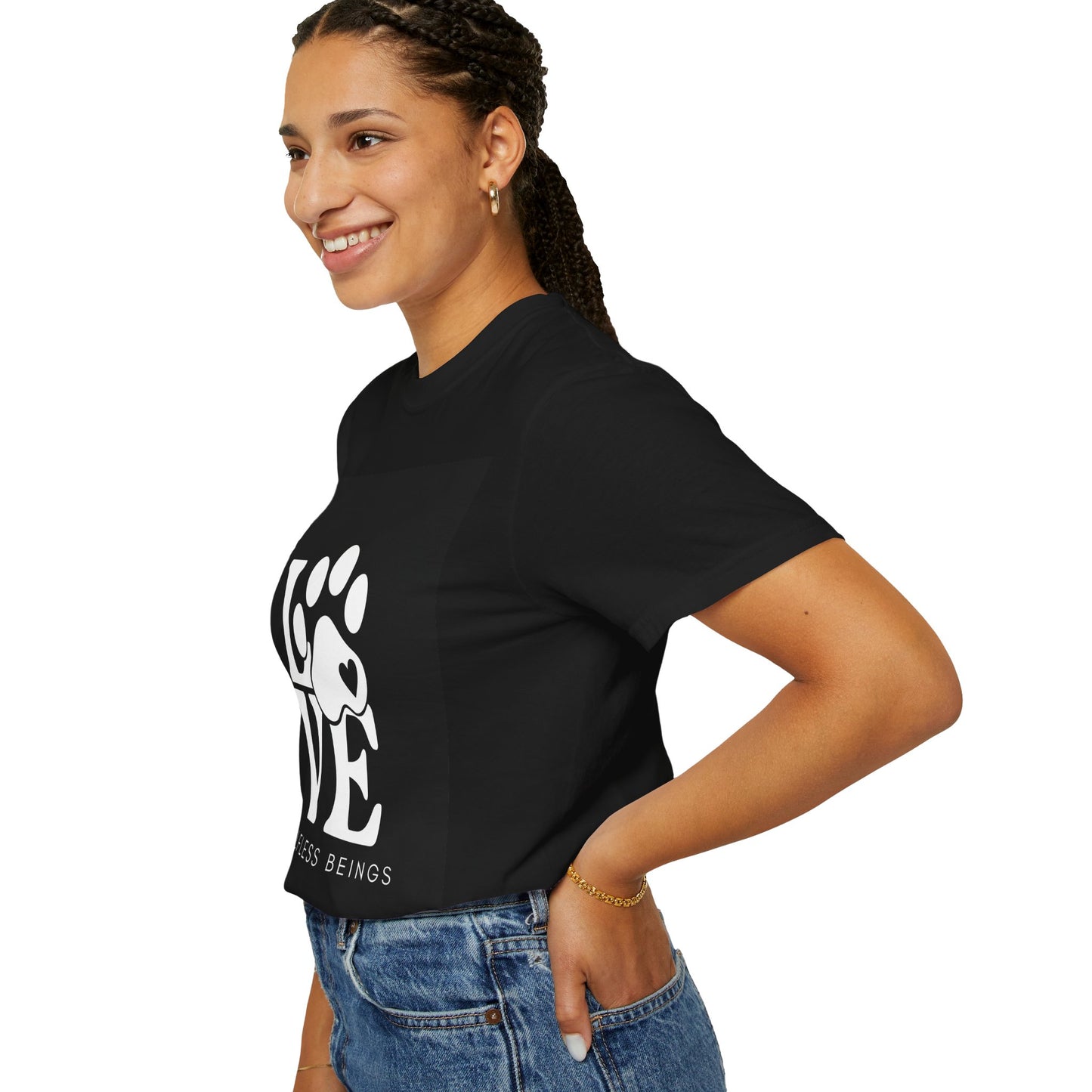 Unisex Dog Lover T-Shirt With Graphic of Love Dog-Paw and Caption Selfless Beings