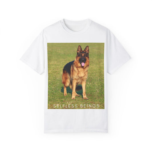 Unisex Dog Lover T-shirt With a German Shepherd on the Sports Grass Field and Caption Selfless Beings