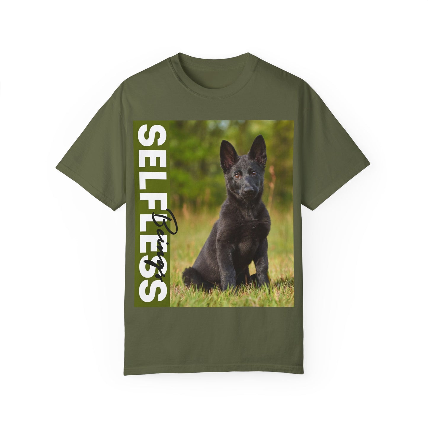 Unisex Dog Lover T-Shirt With Solid Black German Shepherd Puppy Sloppily Sitting on the Green Pasture and Caption Selfless Beings