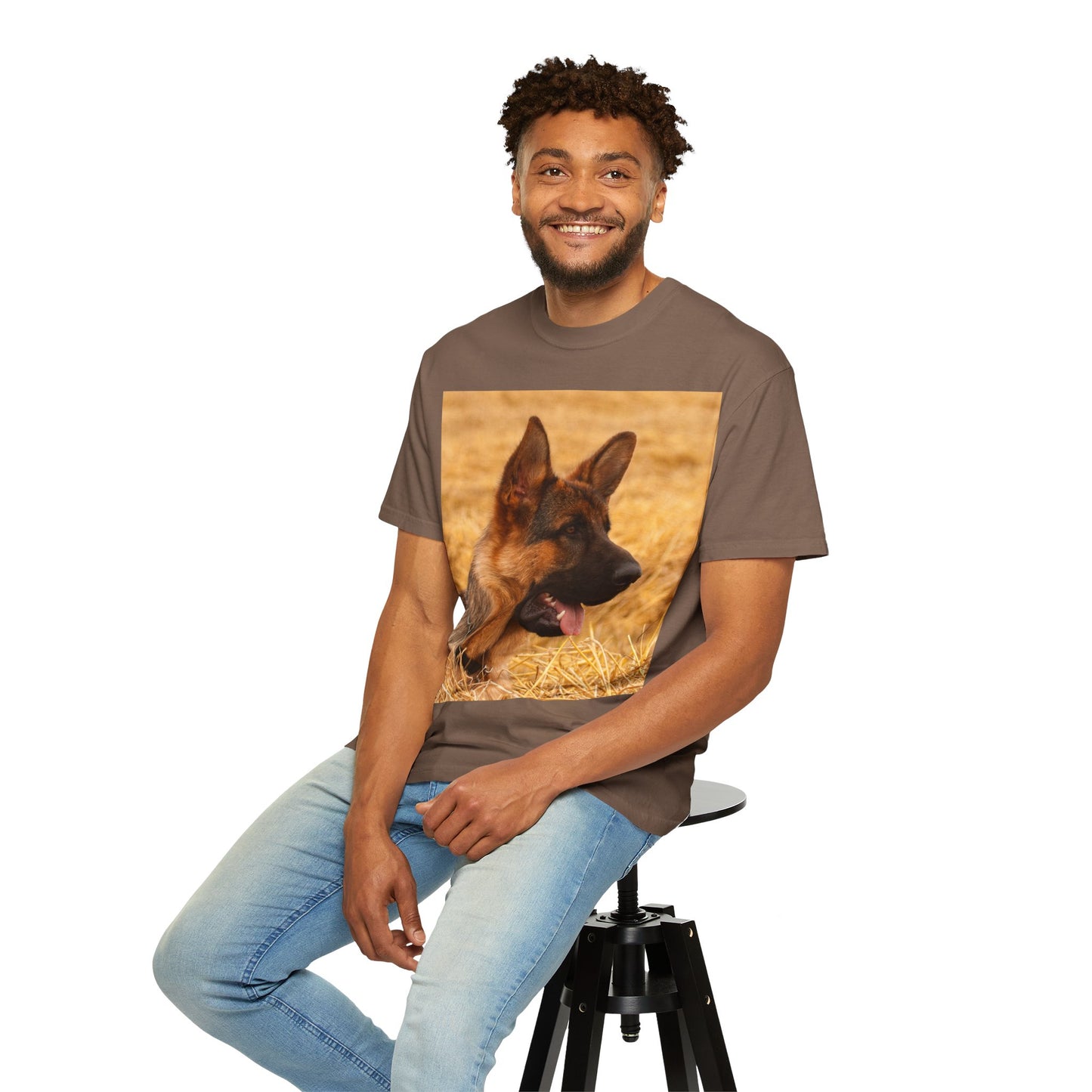 Unisex Dog Lovers T-Shirt Featuring German Shepherd Resting on the Dry Grass