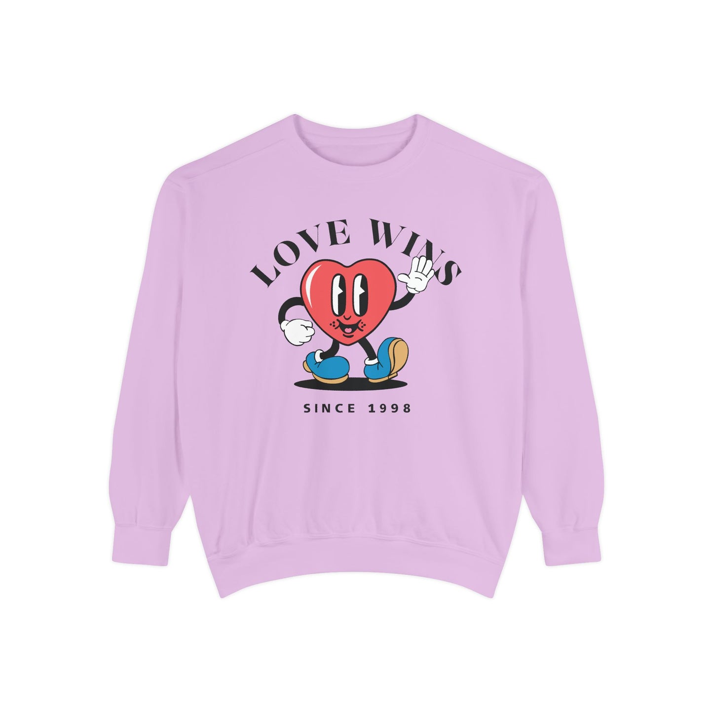 Unisex Valentine's Day Vintage Sweatshirt With a Heart Character and Caption Love Wins
