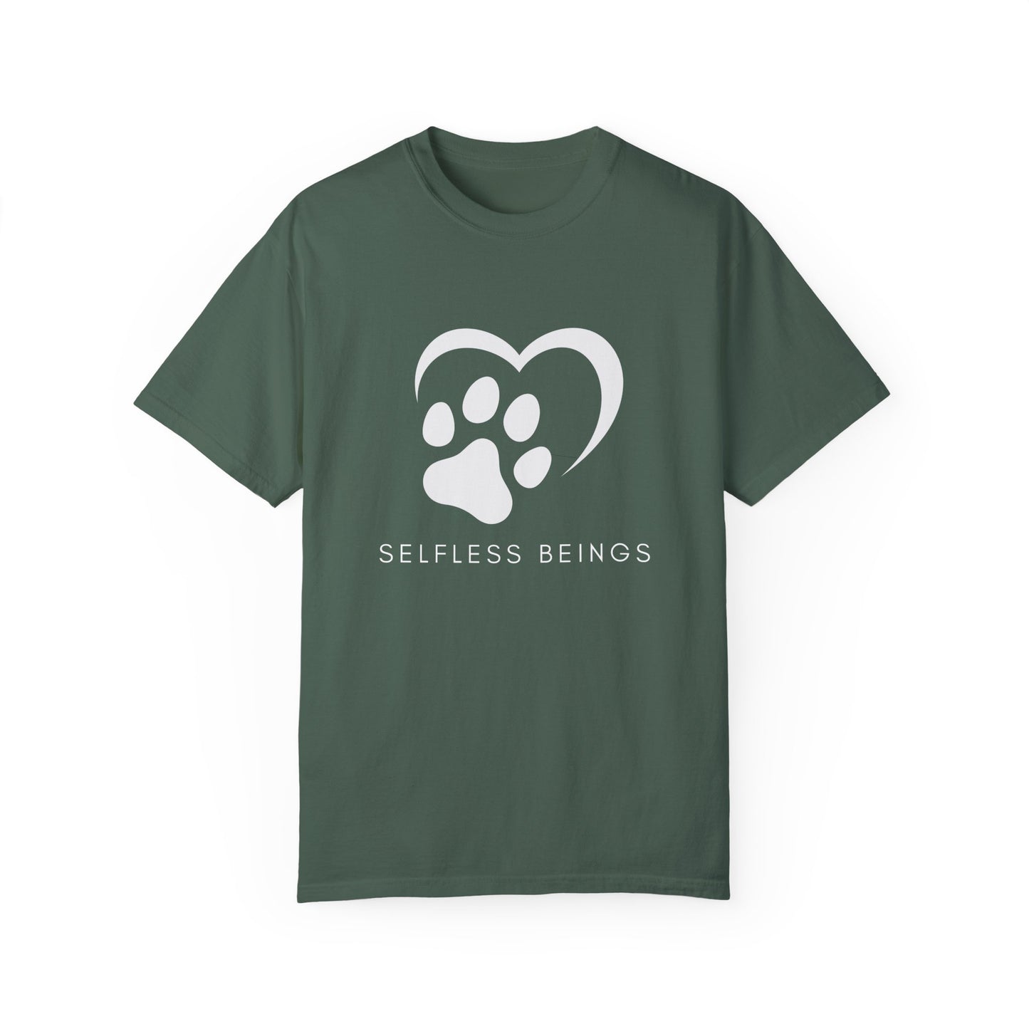 Unisex Dog Lover T-Shirt With Graphic of Half Heart and Dog Paw Print and Caption Selfless Beings Below