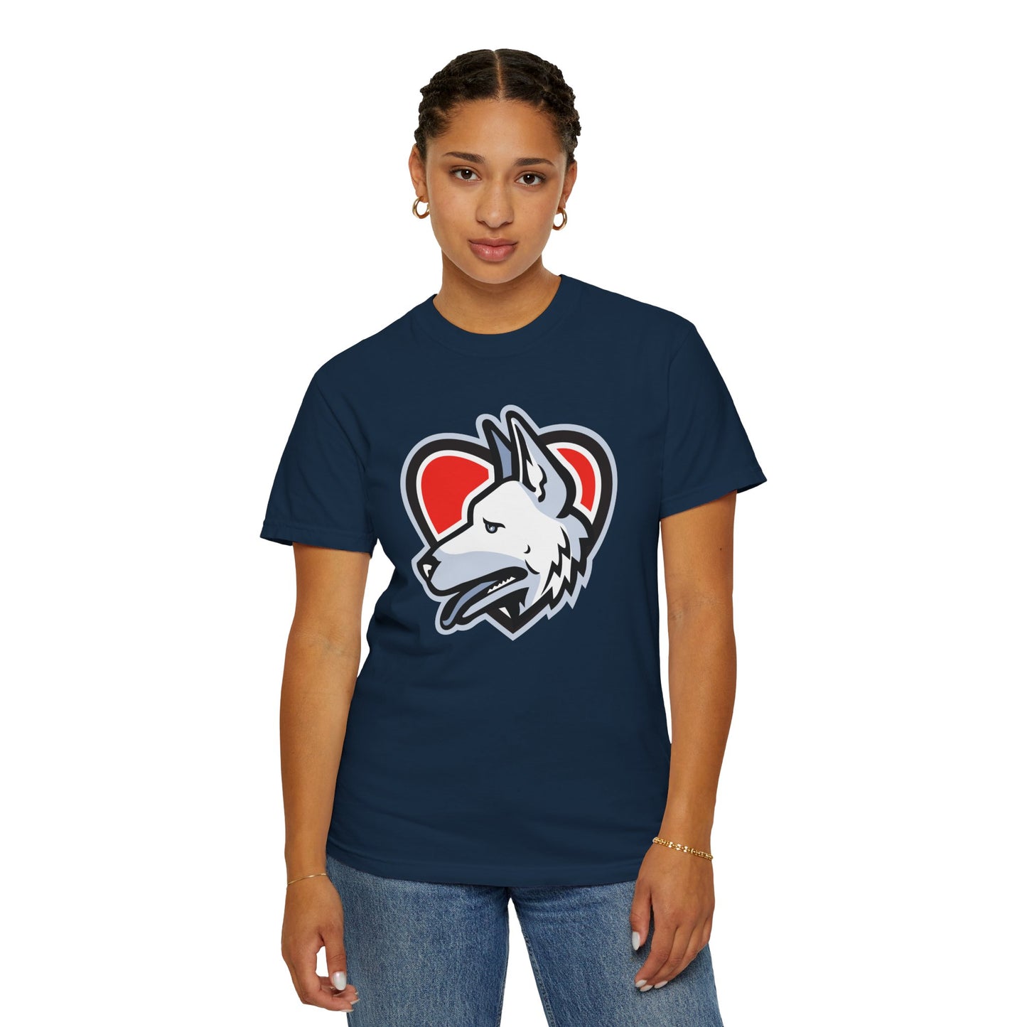 Unisex Dog Lover T-Shirt With a Close Up Graphic of German Shepherd Placed Inside Red Heart