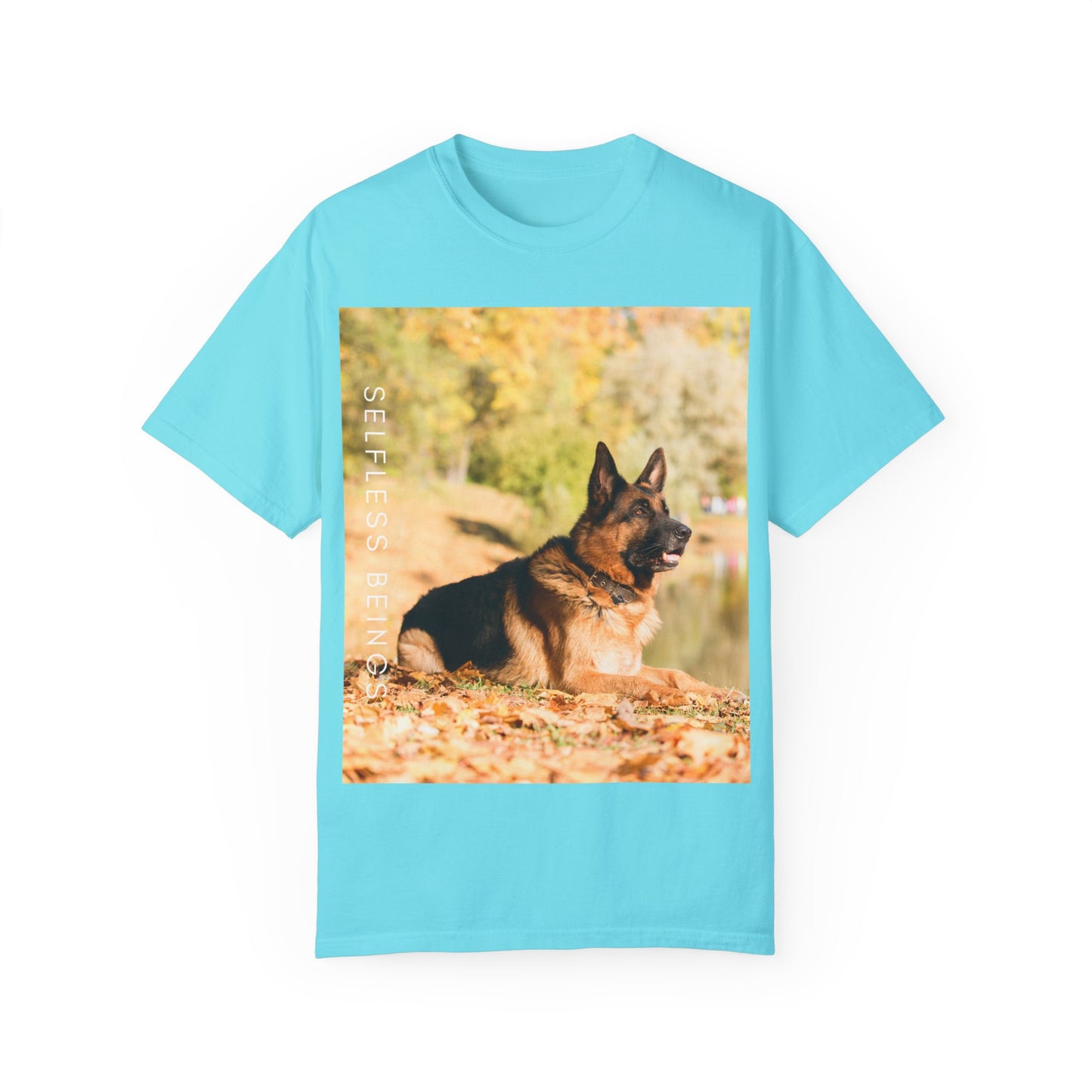 Unisex Dog Lover T-Shirt With a German Shepherd Resting in the Autumn Park on Leaves Near a Pond and Caption Selfless Beings