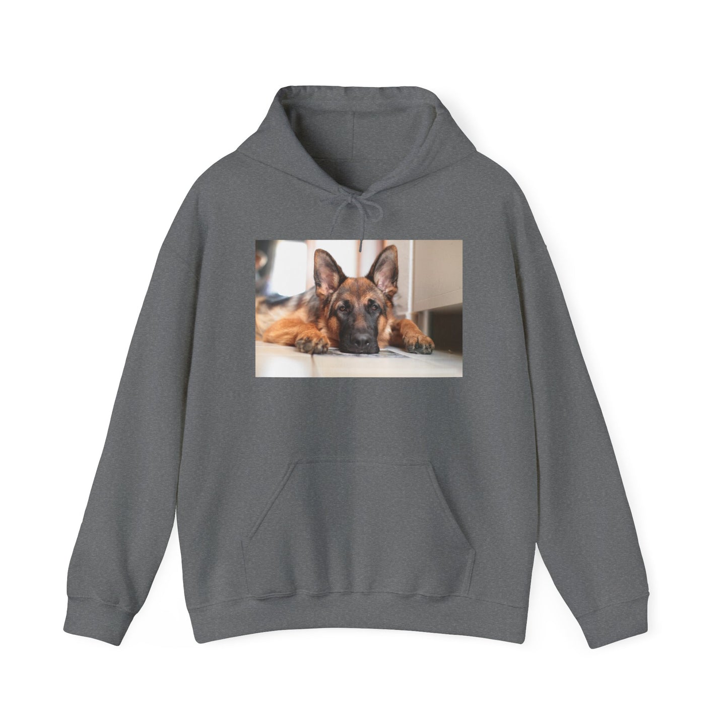 A Unisex Hoodie With a German Shepherd Lying His Head on the Floor