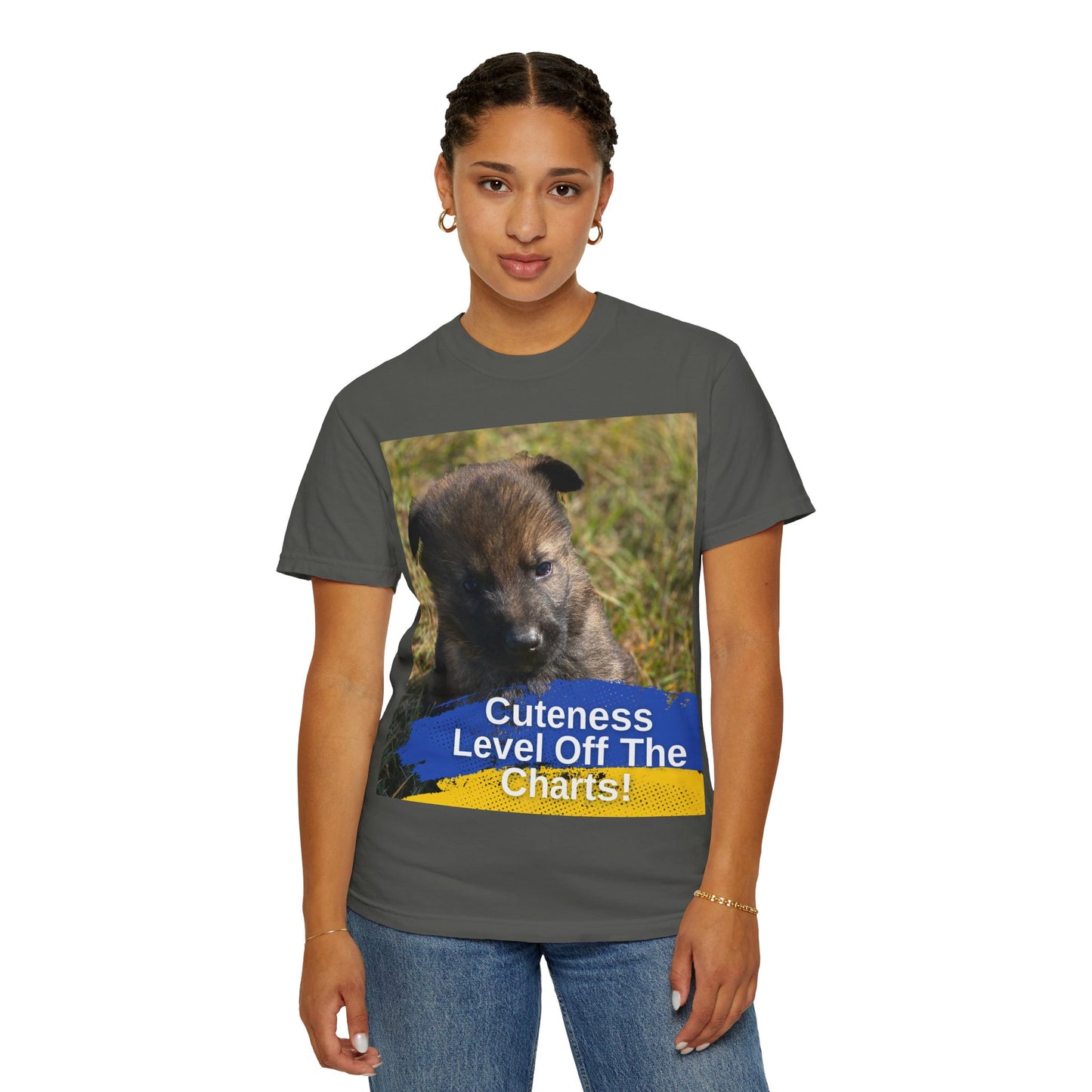Unisex Dog Lover T-Shirt Featuring a German Shepherd Puppy and Caption Cuteness Level Off The Charts