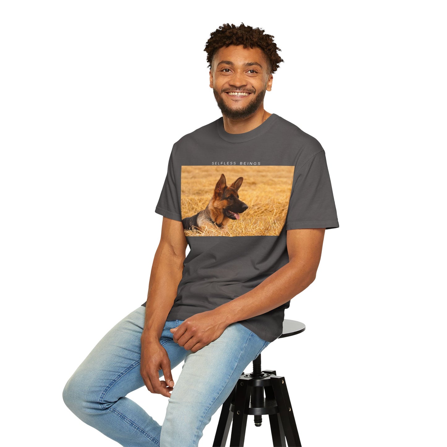 Unisex Dog Lover T-Shirt With a German Shepherd Relaxing on the Long Dry Grass and Caption Selfless Beings