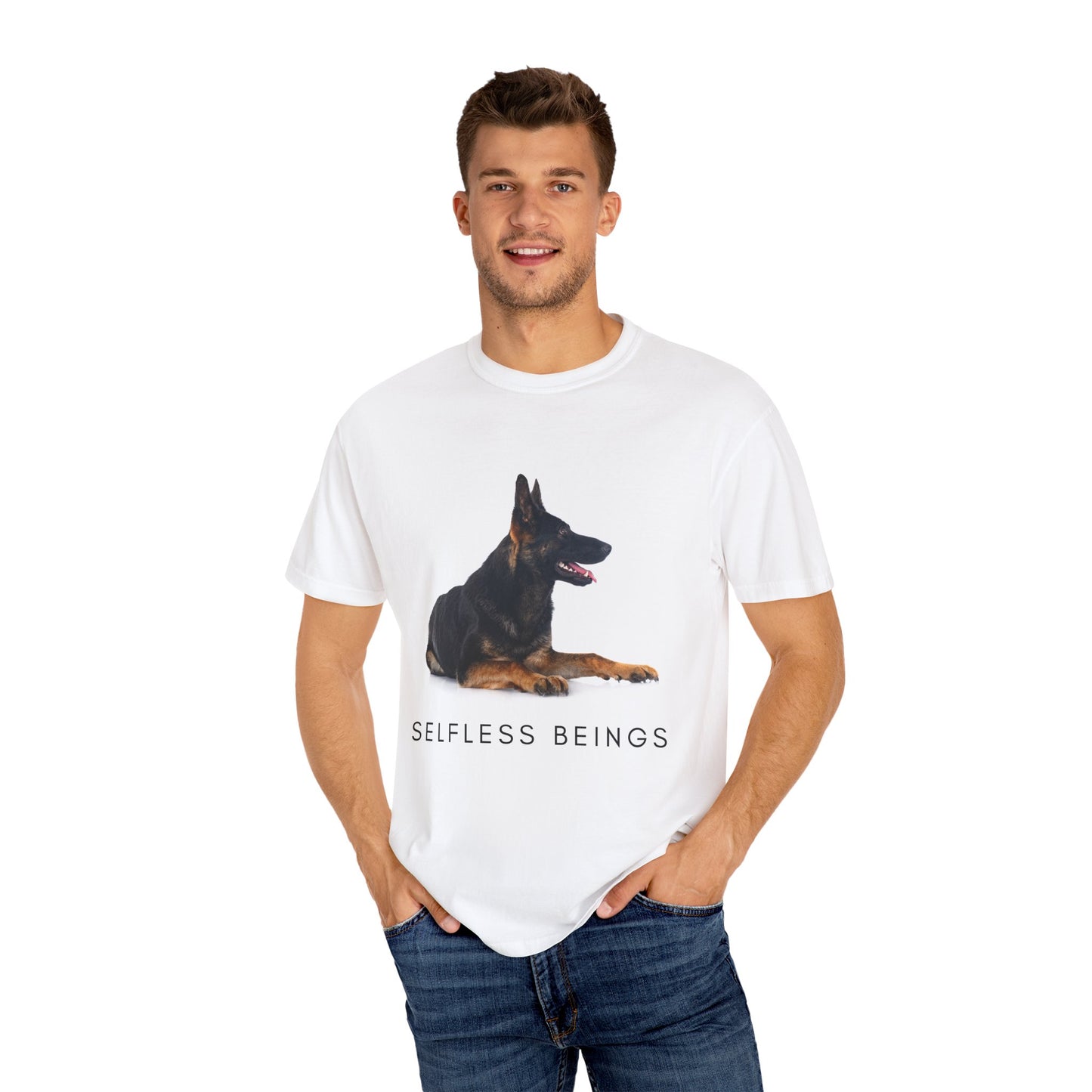 Unisex Dog Lover T-Shirt With a German Shepherd Sitting for a Pose and Caption Selfless Beings