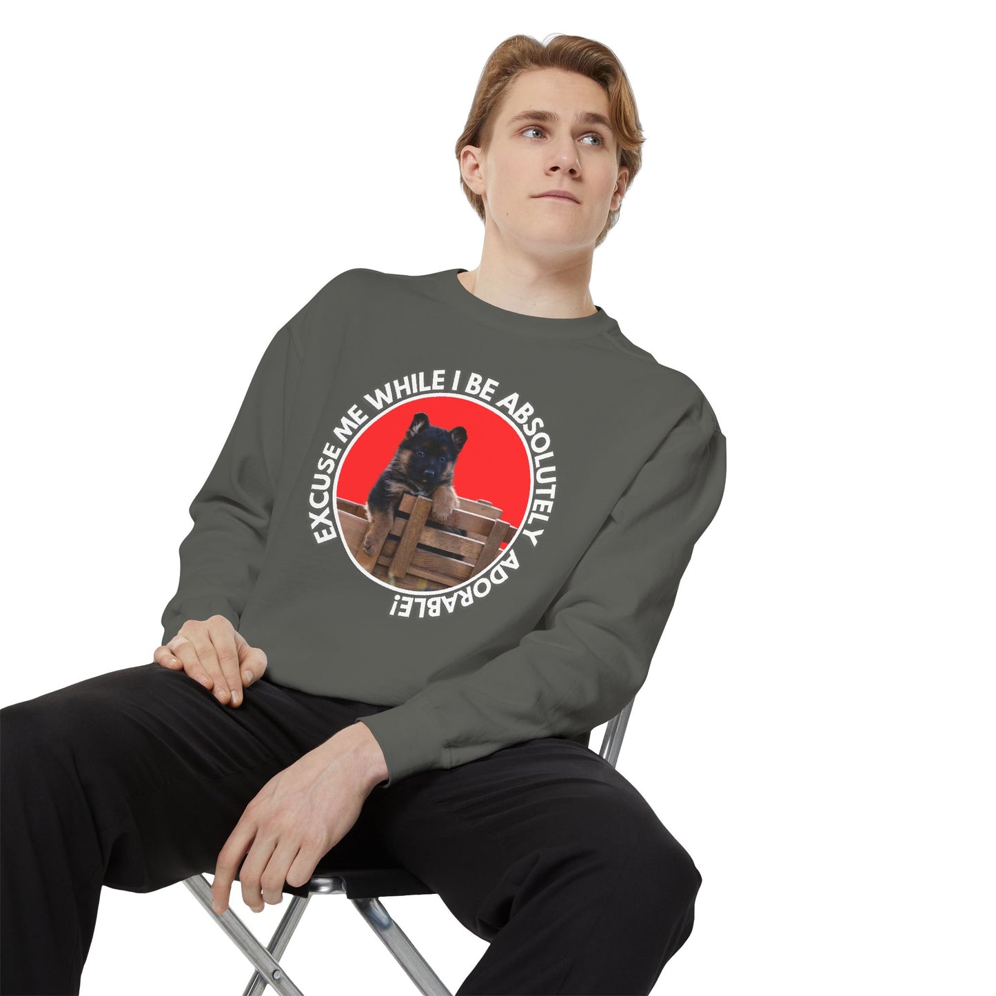 Unisex Dog Lover Sweatshirt With German Shepherd Puppy Sitting on the Toy Wooden Tractor and Caption Excuse Me While I Be Absolutely Adorable
