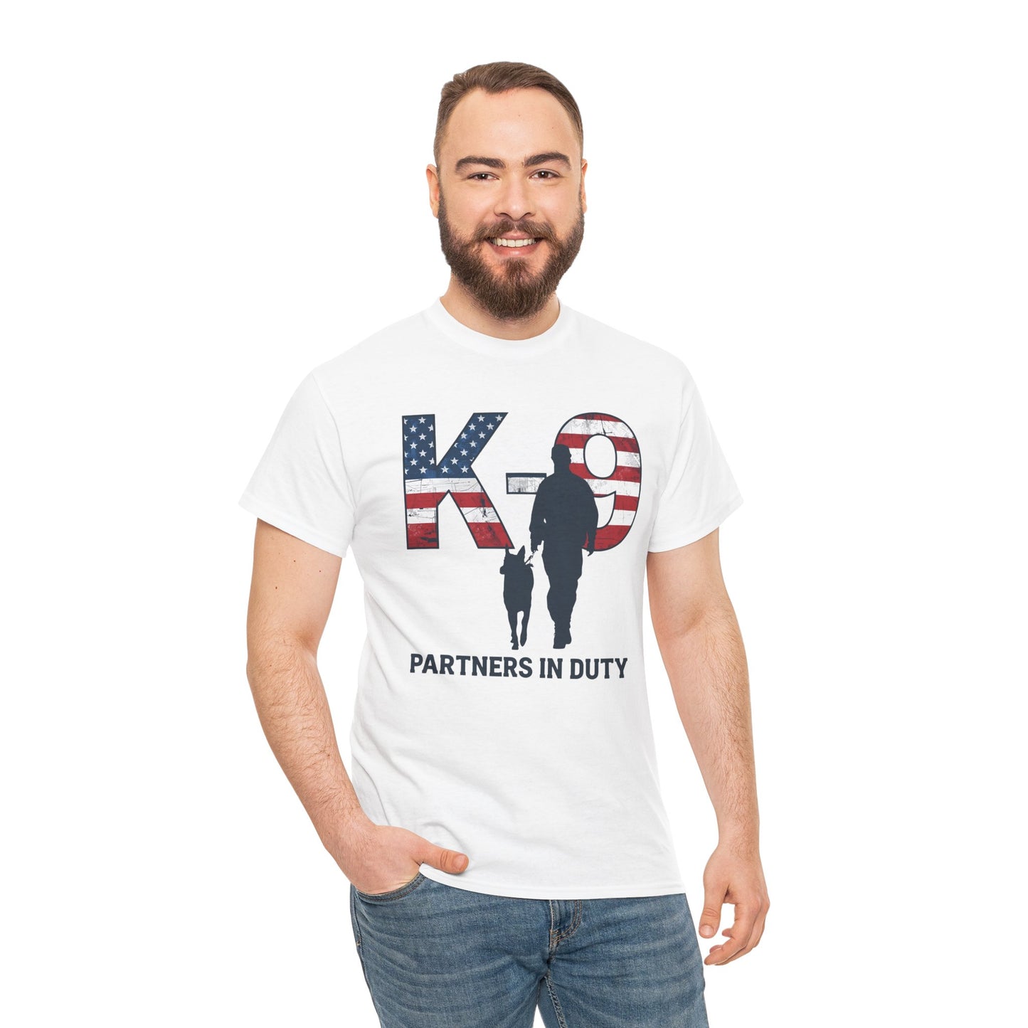 Patriotic K-9 T-Shirt - Partners in Duty Tee | Unisex Heavy Cotton Tee for Dog Lovers, Military Support, Gifts for Dog Handlers