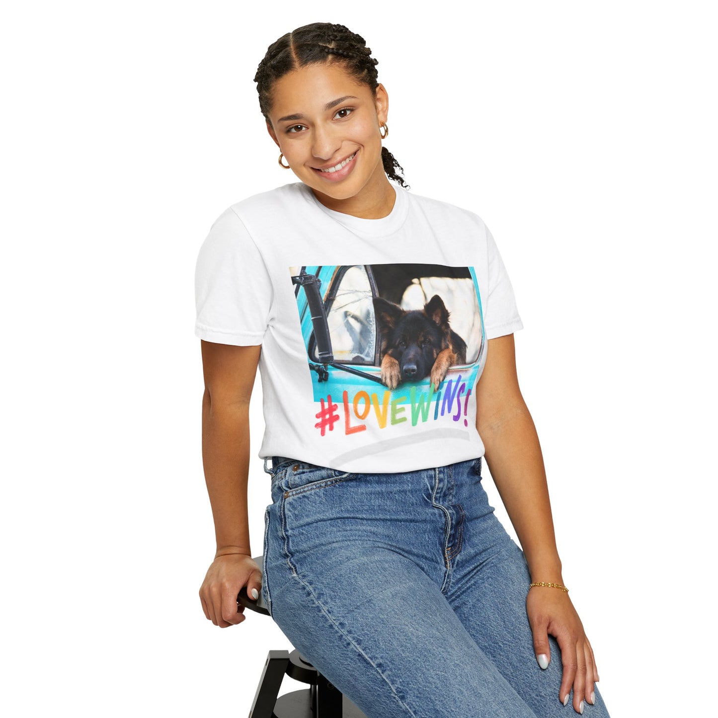 Unisex T-Shirt With German Shepherd Puppy Putting His Head and Front Legs On The Truck Seat's Window and Caption Love Wins