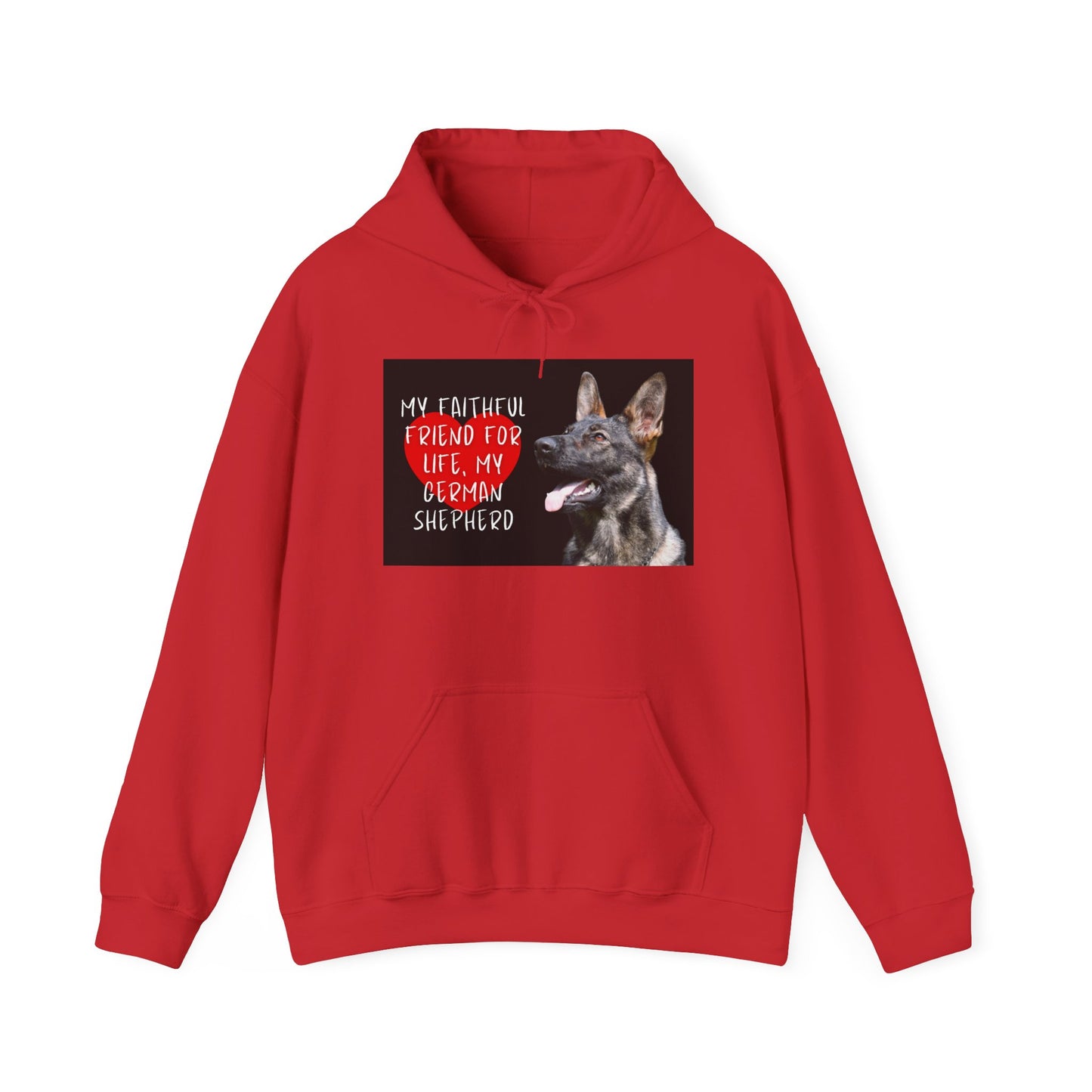 Unisex Dog Lover Hoodie With a Working Line German Shepherd and Caption Faithful Friend on Top of Red Heart