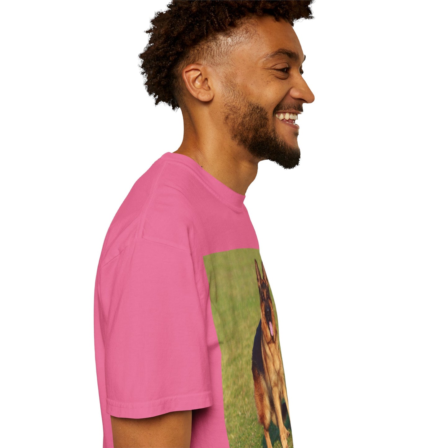Unisex Dog Lover T-shirt With a German Shepherd on the Sports Grass Field and Caption Selfless Beings