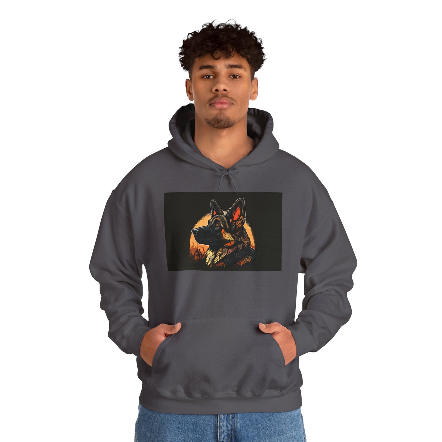 Unisex Dog Lover Hoodie With a Close Up Graphic of a German Shepherd In Front of Moon