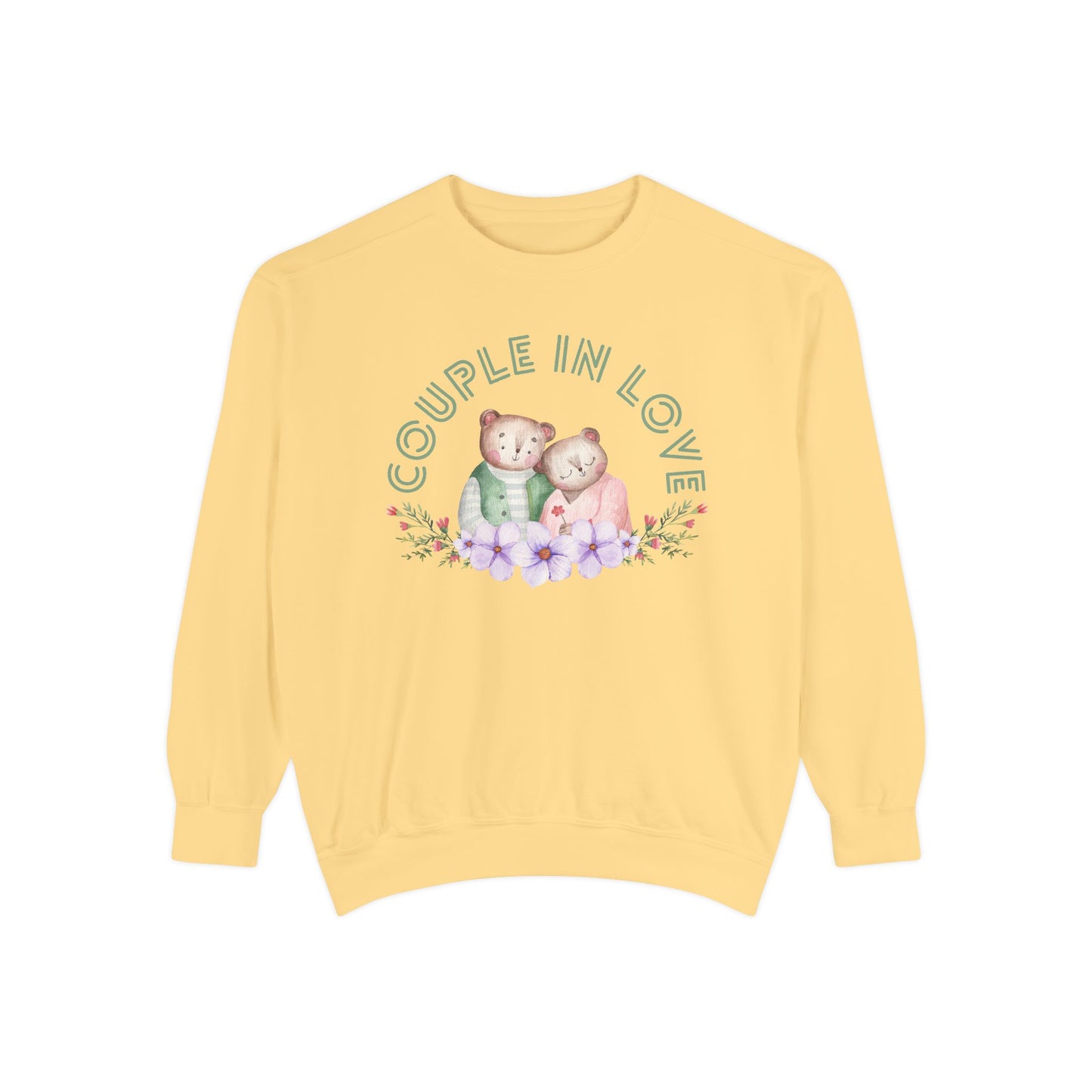 Unisex Valentine's Day Sweatshirt With Two Teddy Bears On Flowers and Caption Couple In Love