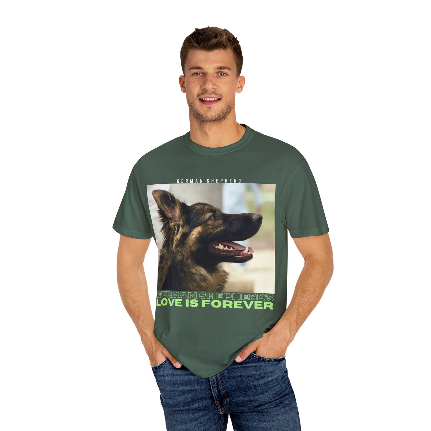 Unisex T-Shirt With Close Up Face of Working Line German Shepherd Mouth Opened and Quote A GSDs Love is Forever